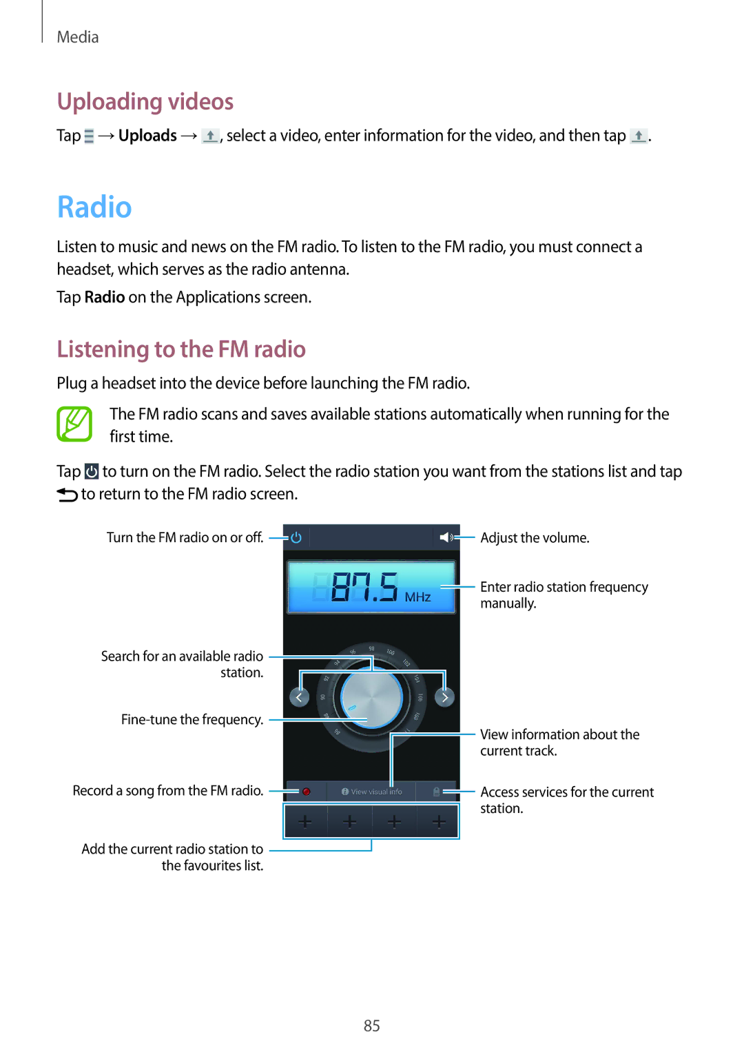 Samsung SM-G7105ZKAILO, SM-G7105ZKAATO, SM-G7105ZWAATO, SM-G7105ZKATUR Radio, Uploading videos, Listening to the FM radio 