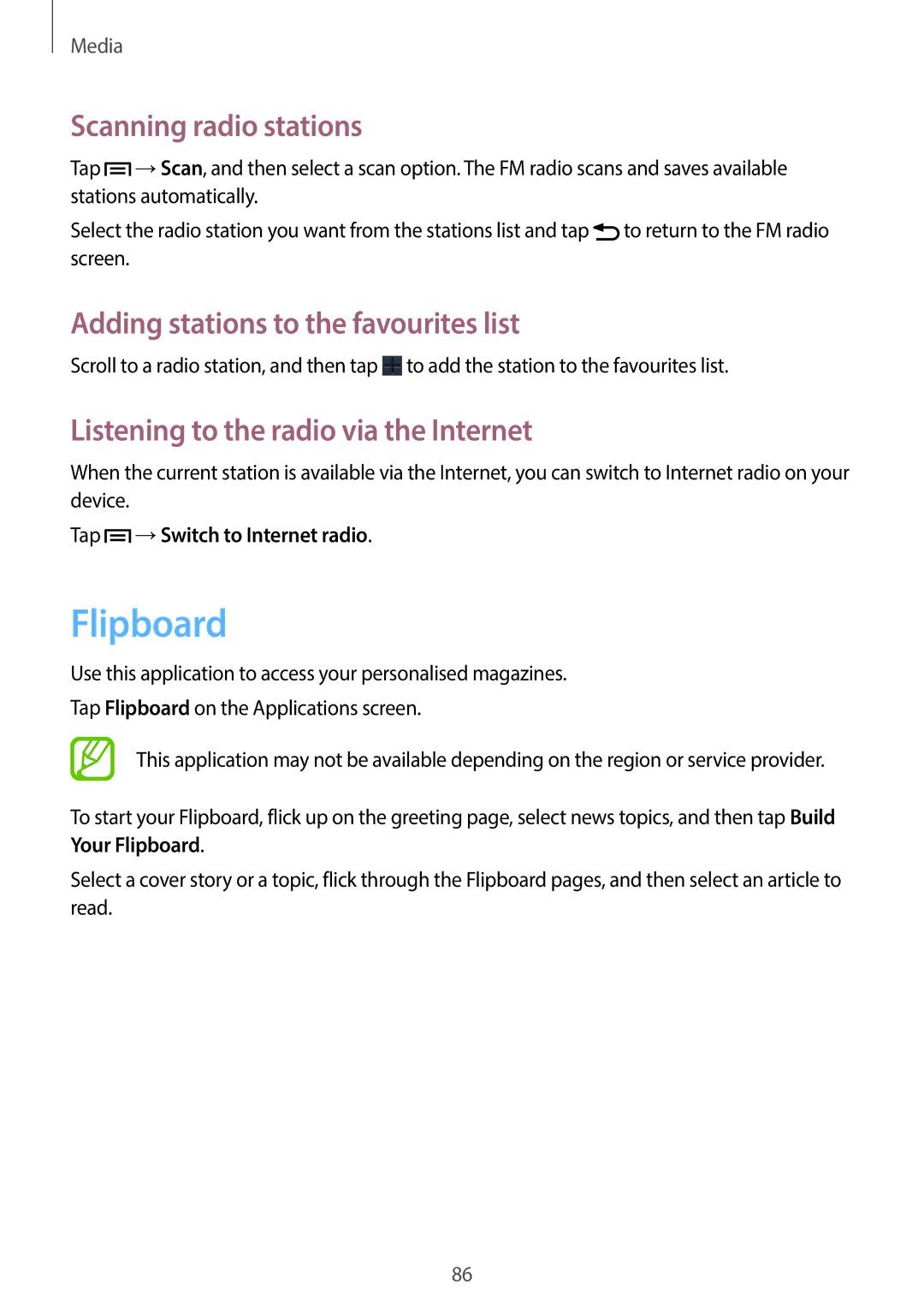 Samsung SM-G7105ZKAATO, SM-G7105ZWAATO manual Flipboard, Scanning radio stations, Adding stations to the favourites list 