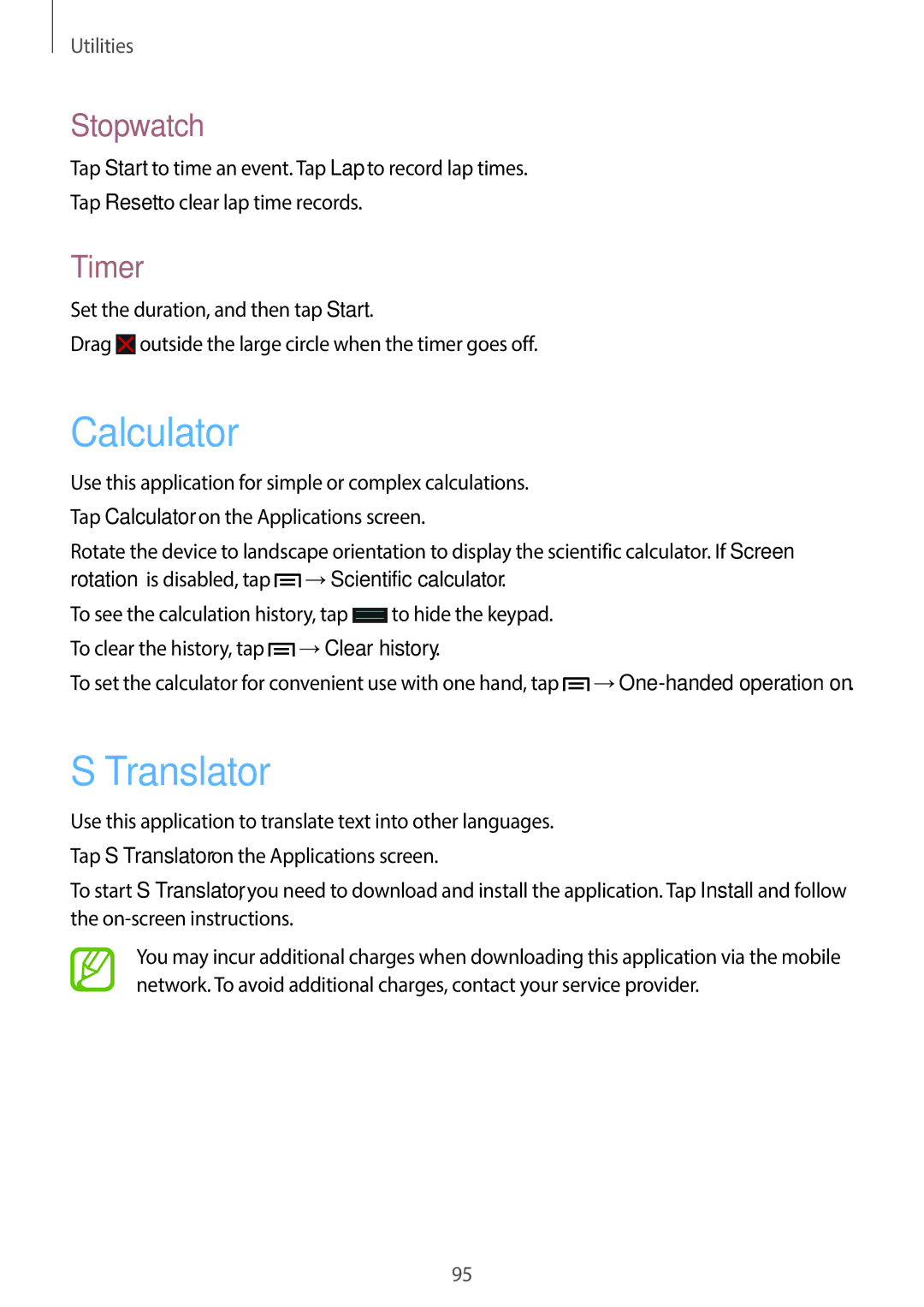 Samsung SM-G7105ZKASFR, SM-G7105ZKAATO, SM-G7105ZWAATO, SM-G7105ZKATUR manual Calculator, Translator, Stopwatch, Timer 