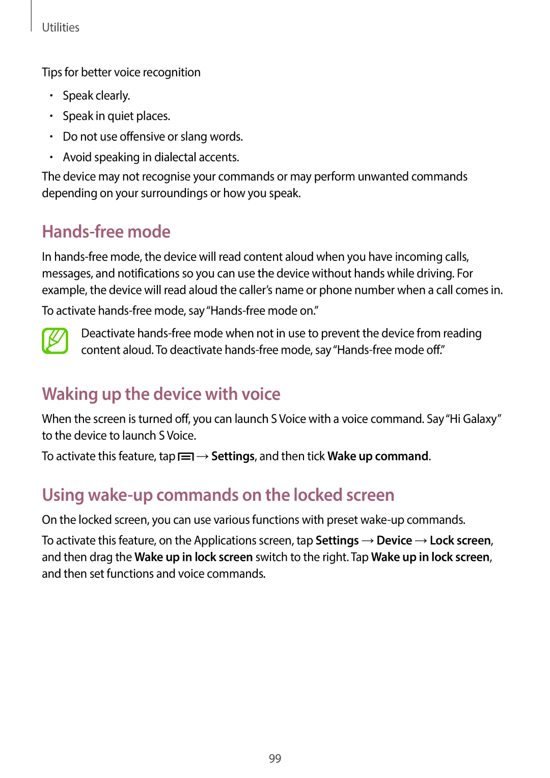 Samsung SM-G7105ZWAFTM manual Hands-free mode, Waking up the device with voice, Using wake-up commands on the locked screen 