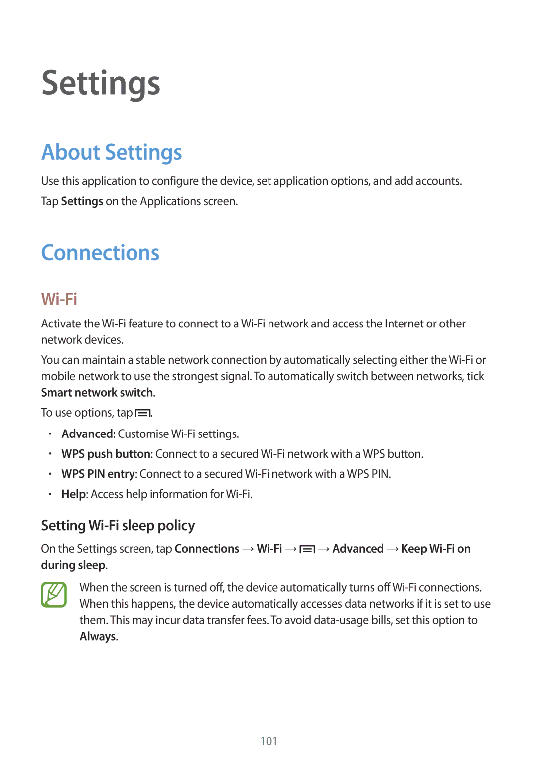 Samsung SM-G7105ZBAXEO, SM-G7105ZKAATO, SM-G7105ZWAATO manual About Settings, Connections, Setting Wi-Fi sleep policy 