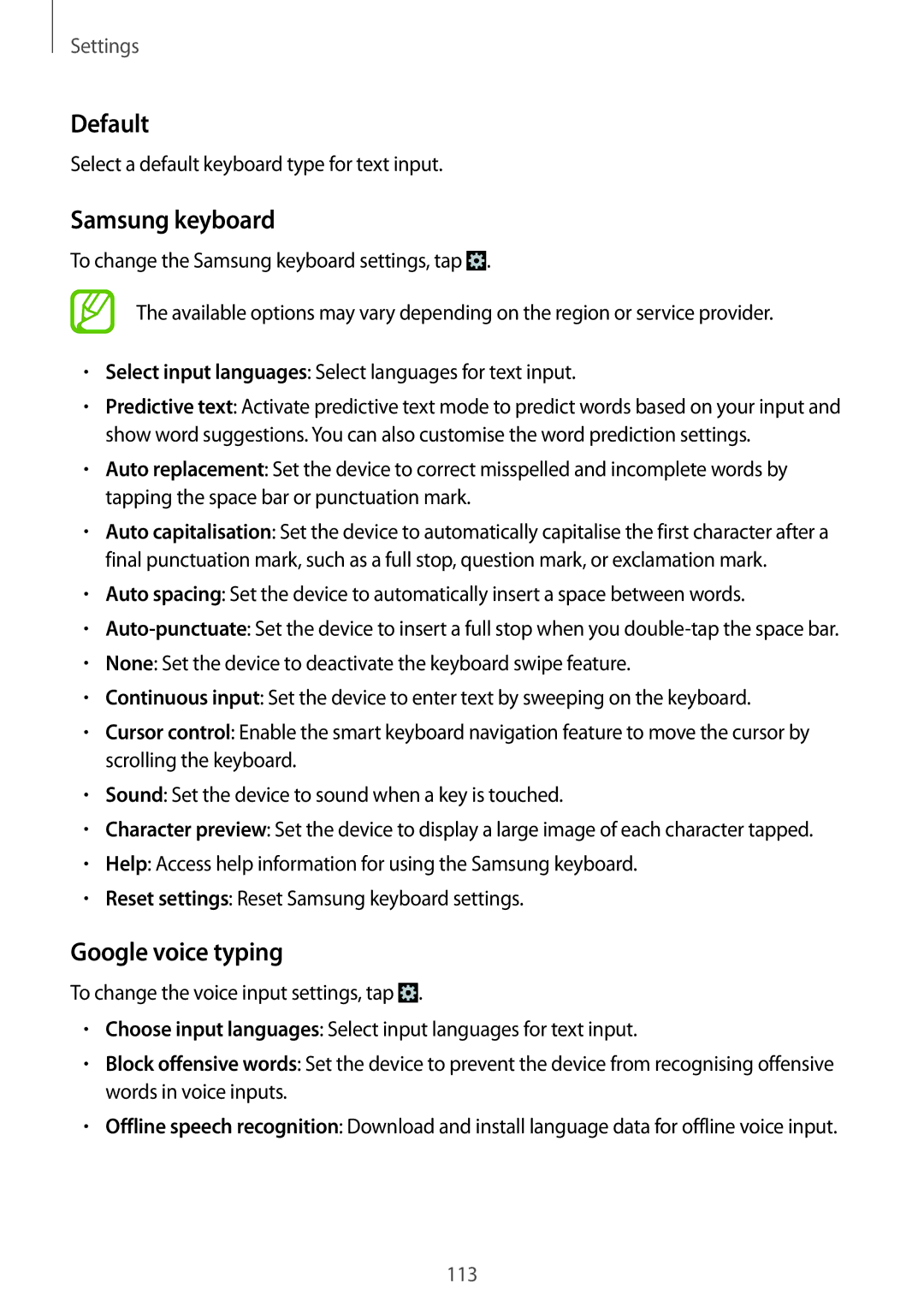 Samsung SM-G7105ZWAXSG, SM-G7105ZKAATO, SM-G7105ZWAATO, SM-G7105ZKATUR manual Default, Samsung keyboard, Google voice typing 