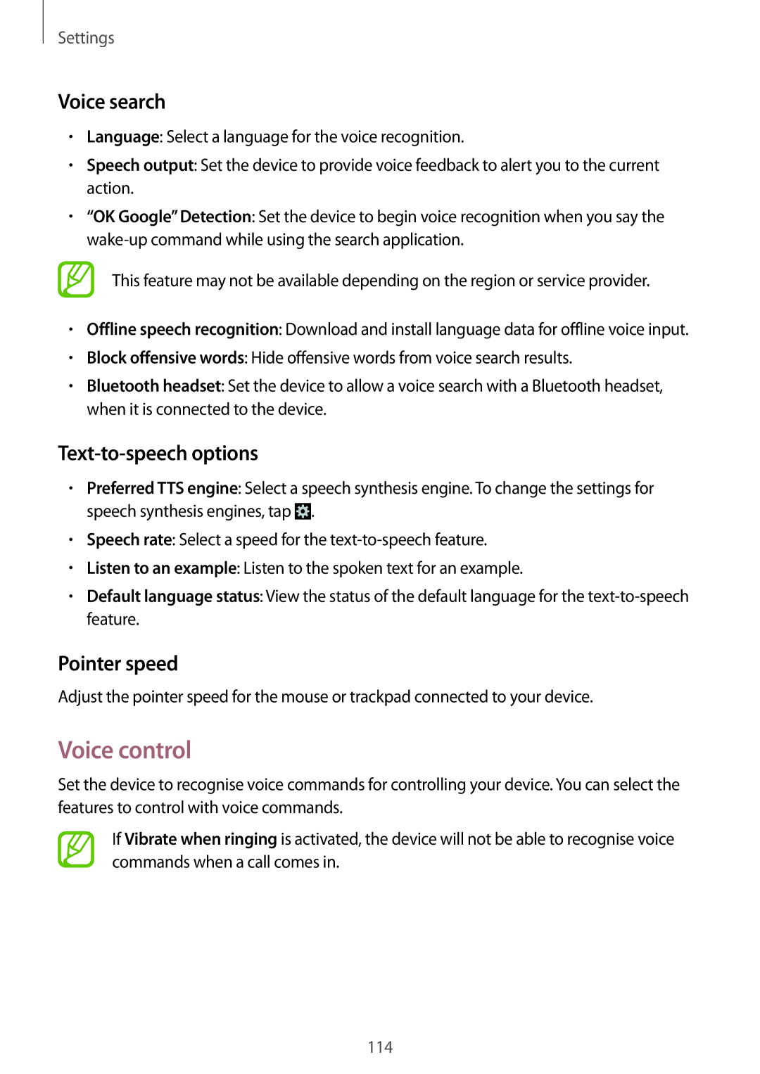 Samsung SM-G7105ZKAO2C, SM-G7105ZKAATO, SM-G7105ZWAATO Voice control, Voice search, Text-to-speech options, Pointer speed 