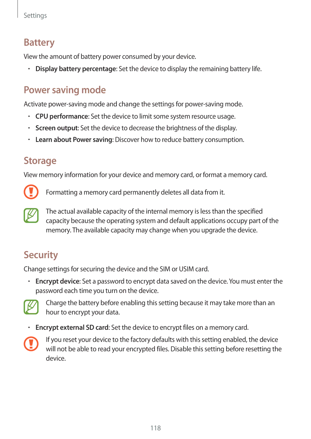 Samsung SM-G7105ZIANEE, SM-G7105ZKAATO, SM-G7105ZWAATO, SM-G7105ZKATUR manual Battery, Power saving mode, Storage, Security 