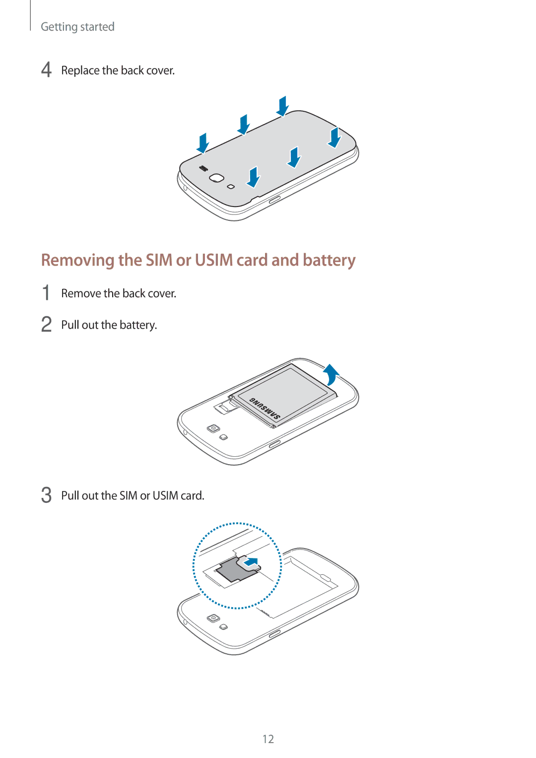 Samsung SM-G7105ZKABOG, SM-G7105ZKAATO, SM-G7105ZWAATO, SM-G7105ZKATUR manual Removing the SIM or Usim card and battery 