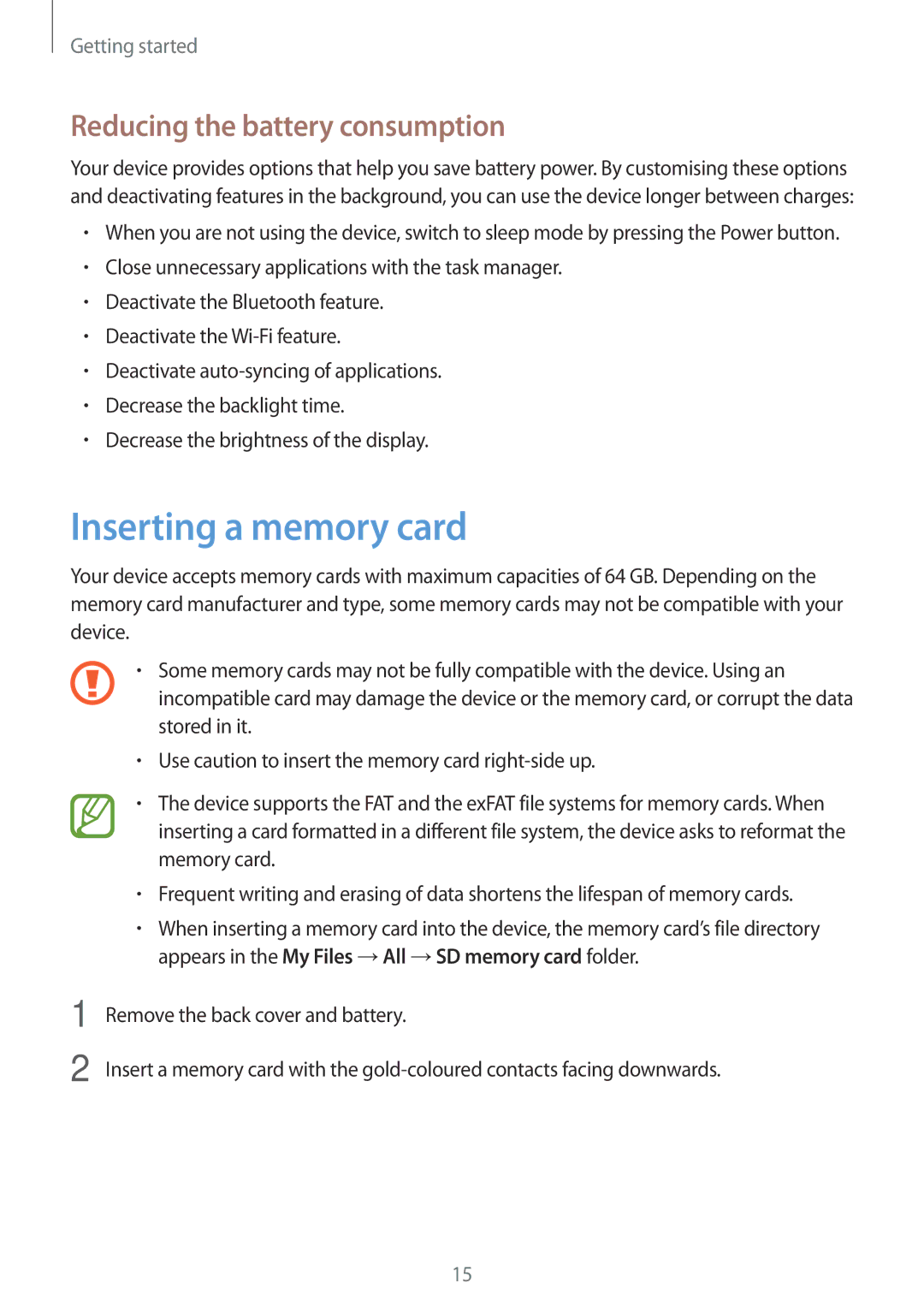 Samsung SM-G7105ZBAXEO, SM-G7105ZKAATO, SM-G7105ZWAATO manual Inserting a memory card, Reducing the battery consumption 