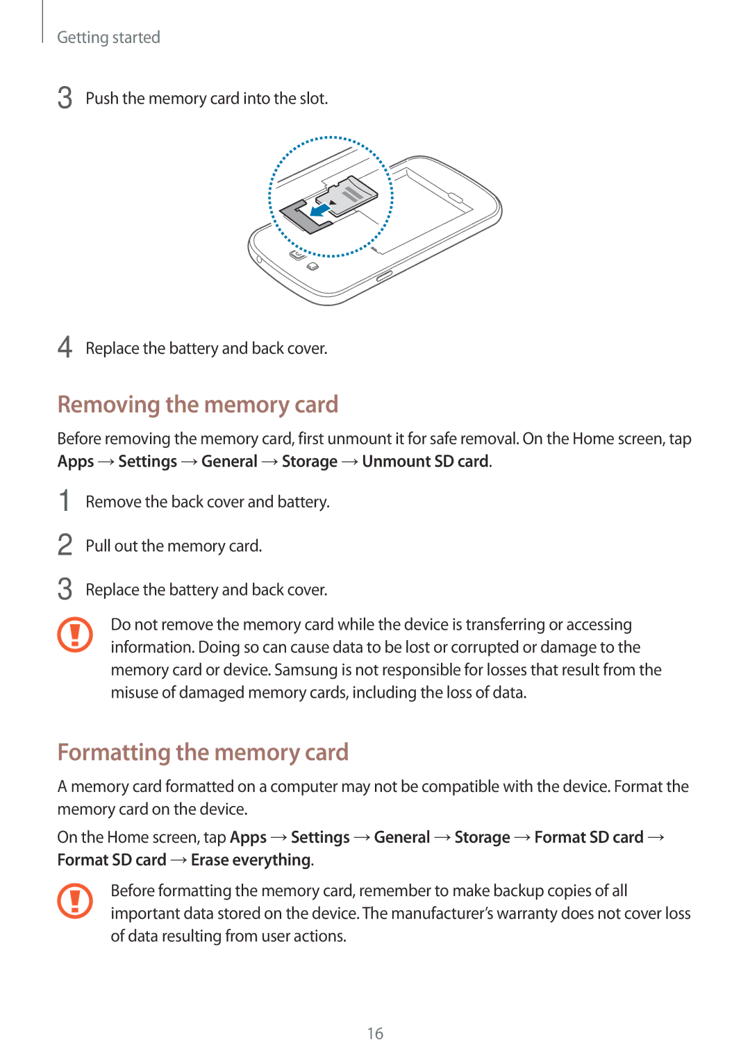 Samsung SM-G7105ZWACOA, SM-G7105ZKAATO, SM-G7105ZWAATO, SM-G7105ZKATUR Removing the memory card, Formatting the memory card 