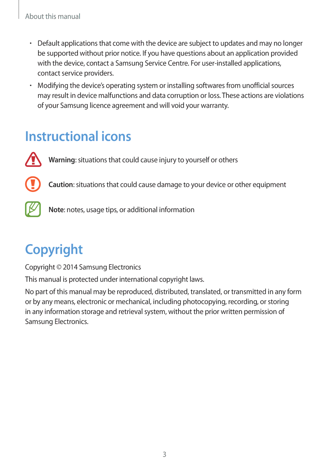 Samsung SM-G7105ZKADBT, SM-G7105ZKAATO, SM-G7105ZWAATO, SM-G7105ZKATUR Instructional icons Copyright, About this manual 