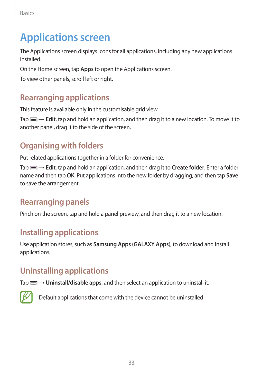 Samsung SM-G7105ZWASEB Applications screen, Rearranging applications, Organising with folders, Installing applications 