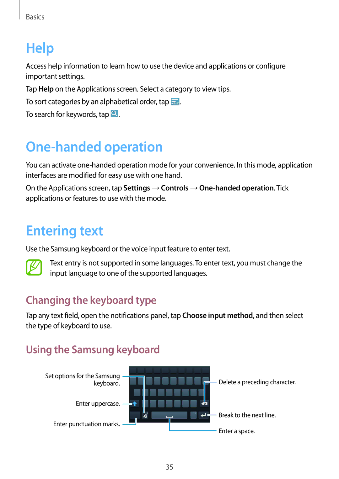 Samsung SM-G7105ZKAEUR, SM-G7105ZKAATO manual Help, One-handed operation, Entering text, Changing the keyboard type 