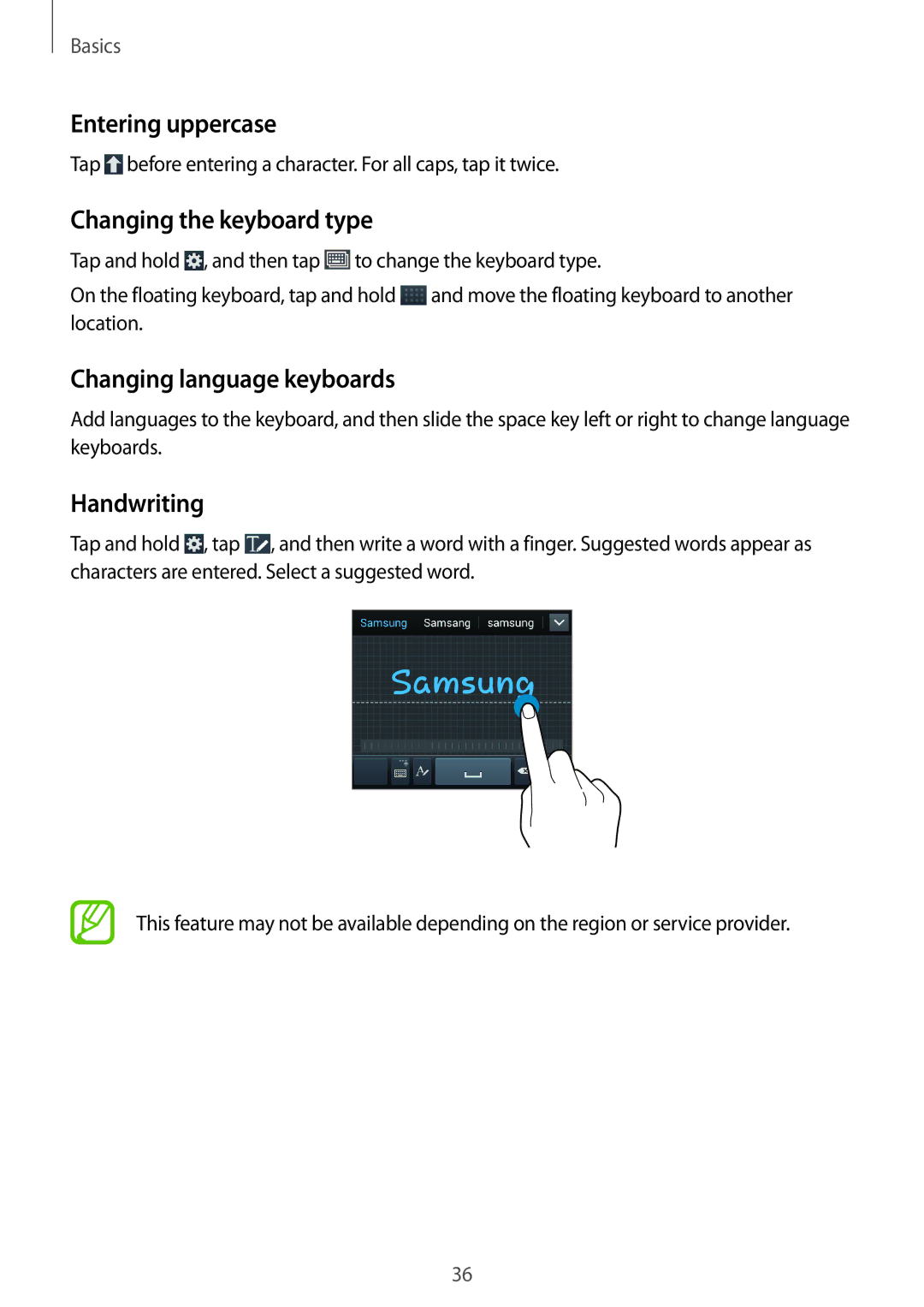 Samsung SM-G7105ZKAPTR manual Entering uppercase, Changing the keyboard type, Changing language keyboards, Handwriting 