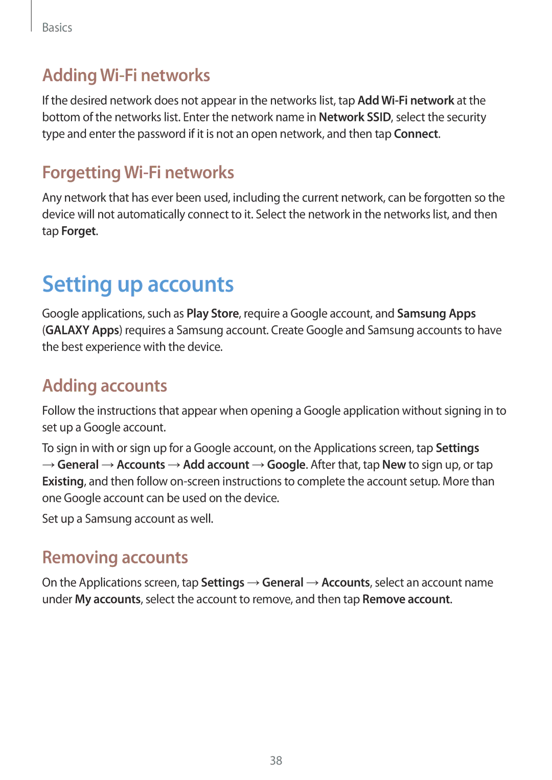 Samsung SM-G7105ZKAPCL manual Setting up accounts, Adding Wi-Fi networks, Forgetting Wi-Fi networks, Adding accounts 