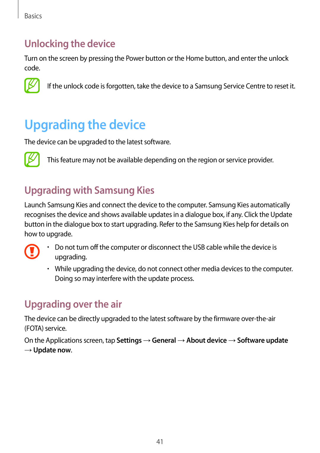 Samsung SM-G7105ZKACEL Upgrading the device, Unlocking the device, Upgrading with Samsung Kies, Upgrading over the air 