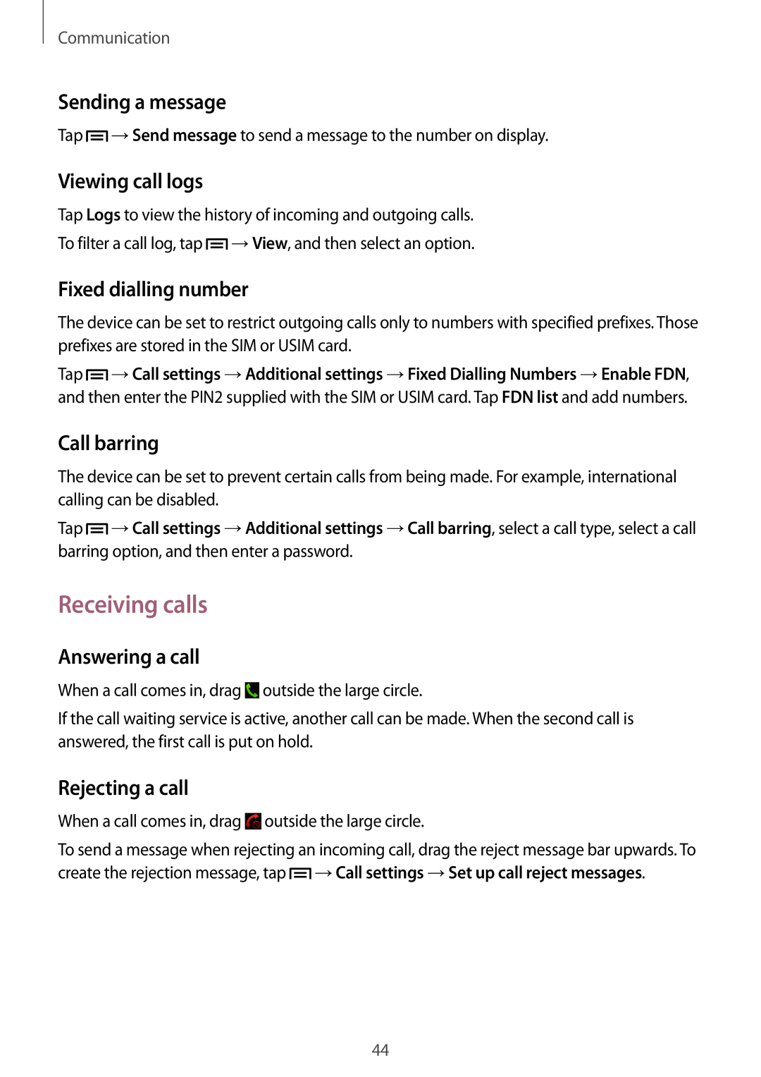 Samsung SM-G7105ZWAATO, SM-G7105ZKAATO, SM-G7105ZKATUR, SM-G7105ZKADBT, SM-G7105ZWATUR, SM-G7105ZWAEUR manual Receiving calls 