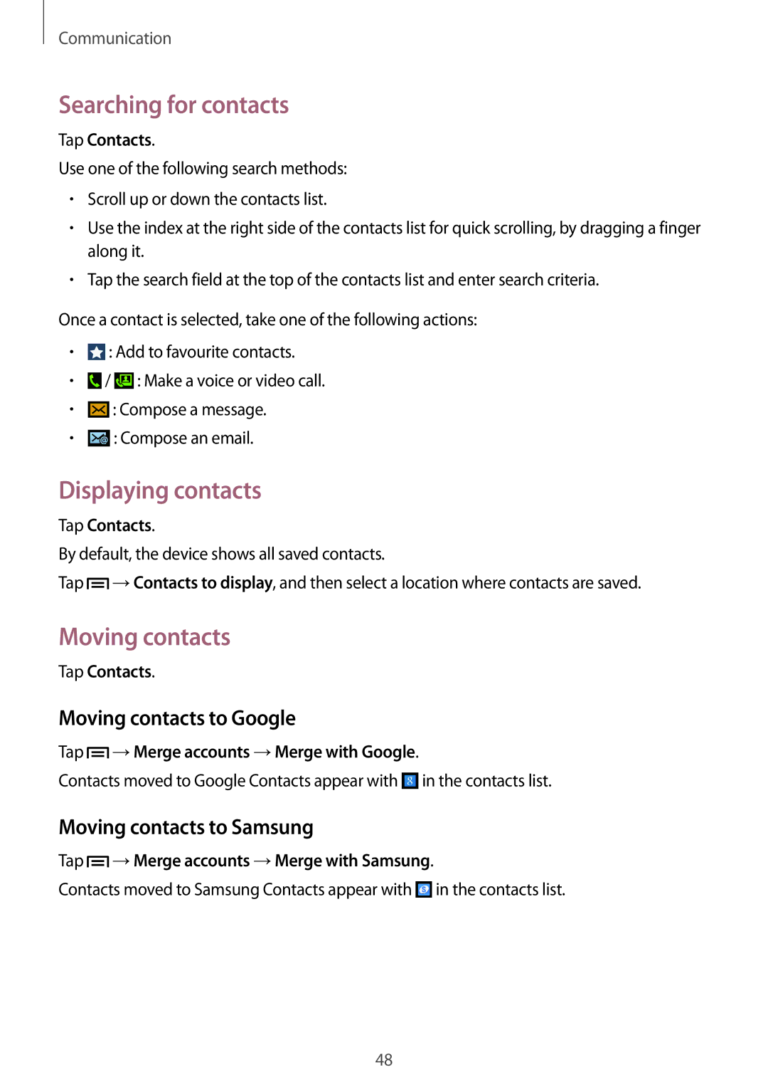 Samsung SM-G7105ZWAEUR, SM-G7105ZKAATO manual Searching for contacts, Displaying contacts, Moving contacts to Google 