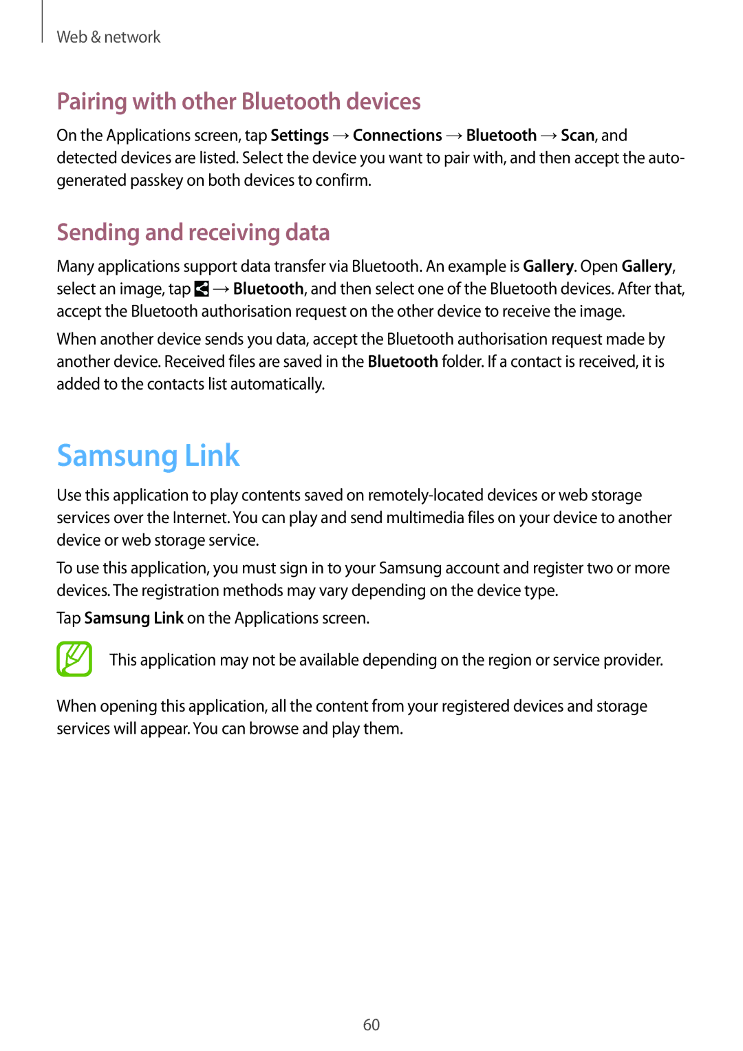 Samsung SM-G7105ZWAPHE, SM-G7105ZKAATO manual Samsung Link, Pairing with other Bluetooth devices, Sending and receiving data 