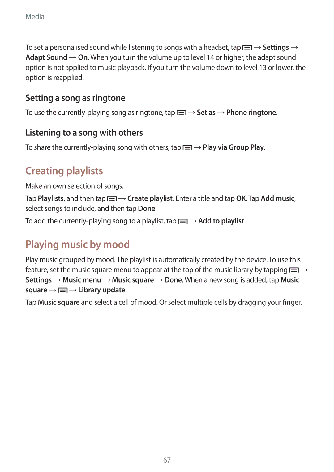 Samsung SM-G7105ZWAKSA, SM-G7105ZKAATO manual Creating playlists, Playing music by mood, Setting a song as ringtone 