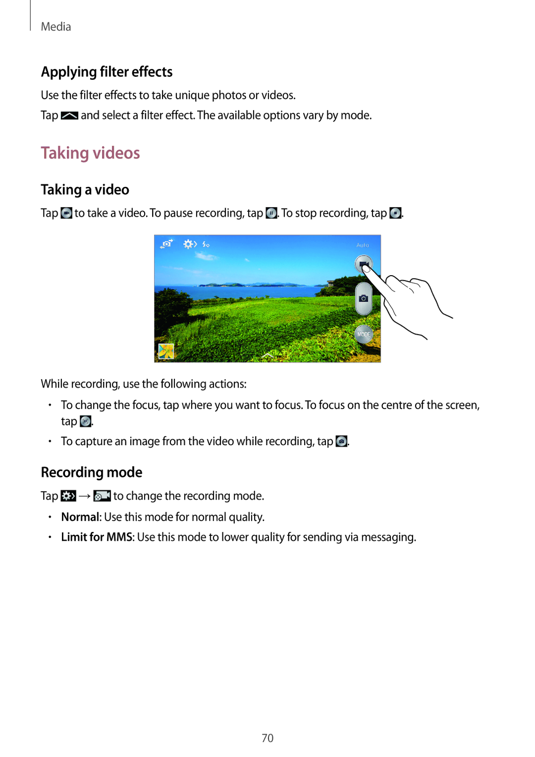 Samsung SM-G7105ZWAXSG, SM-G7105ZKAATO manual Taking videos, Applying filter effects, Taking a video, Recording mode 