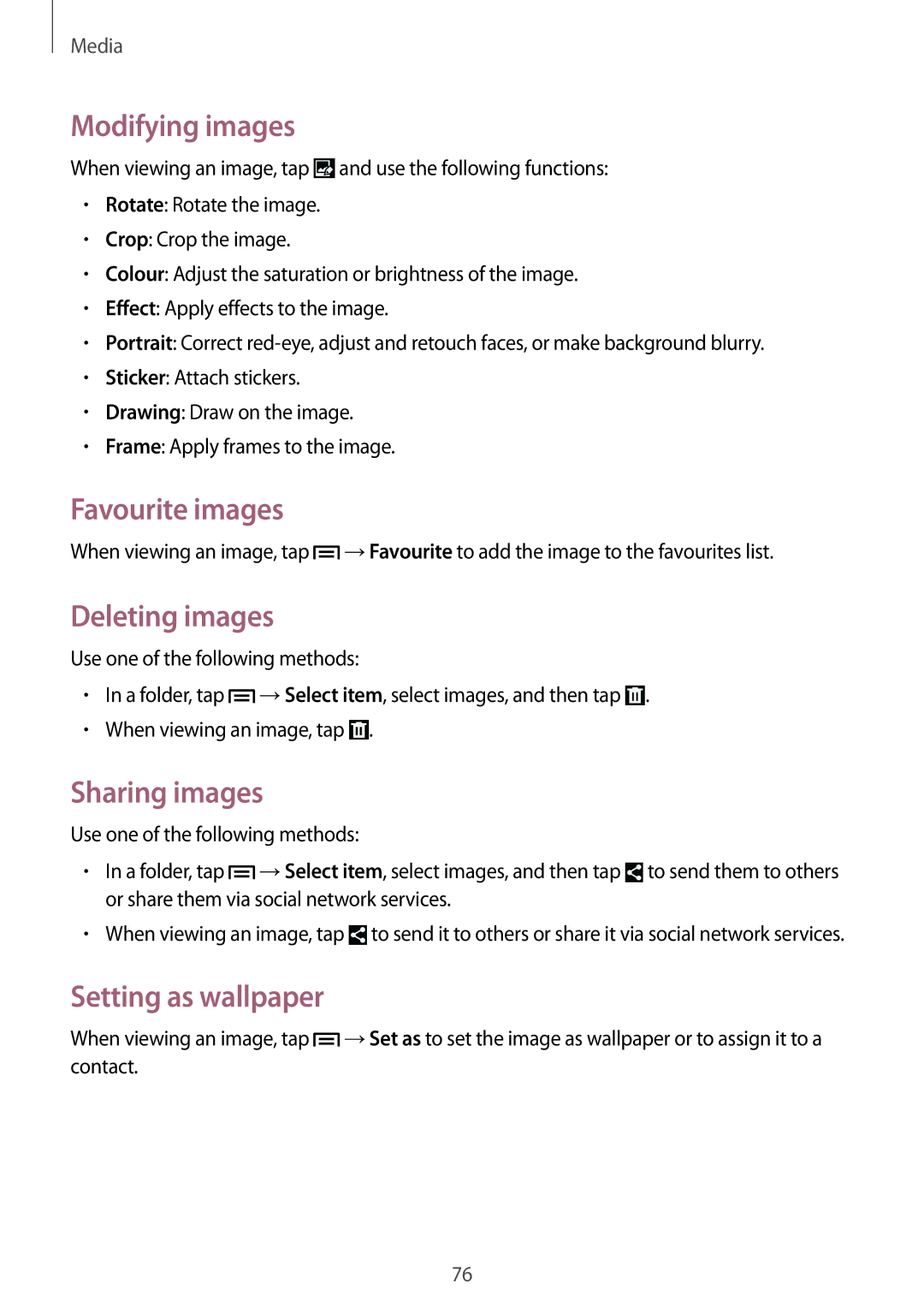Samsung SM-G7105ZWASEB manual Modifying images, Favourite images, Deleting images, Sharing images, Setting as wallpaper 
