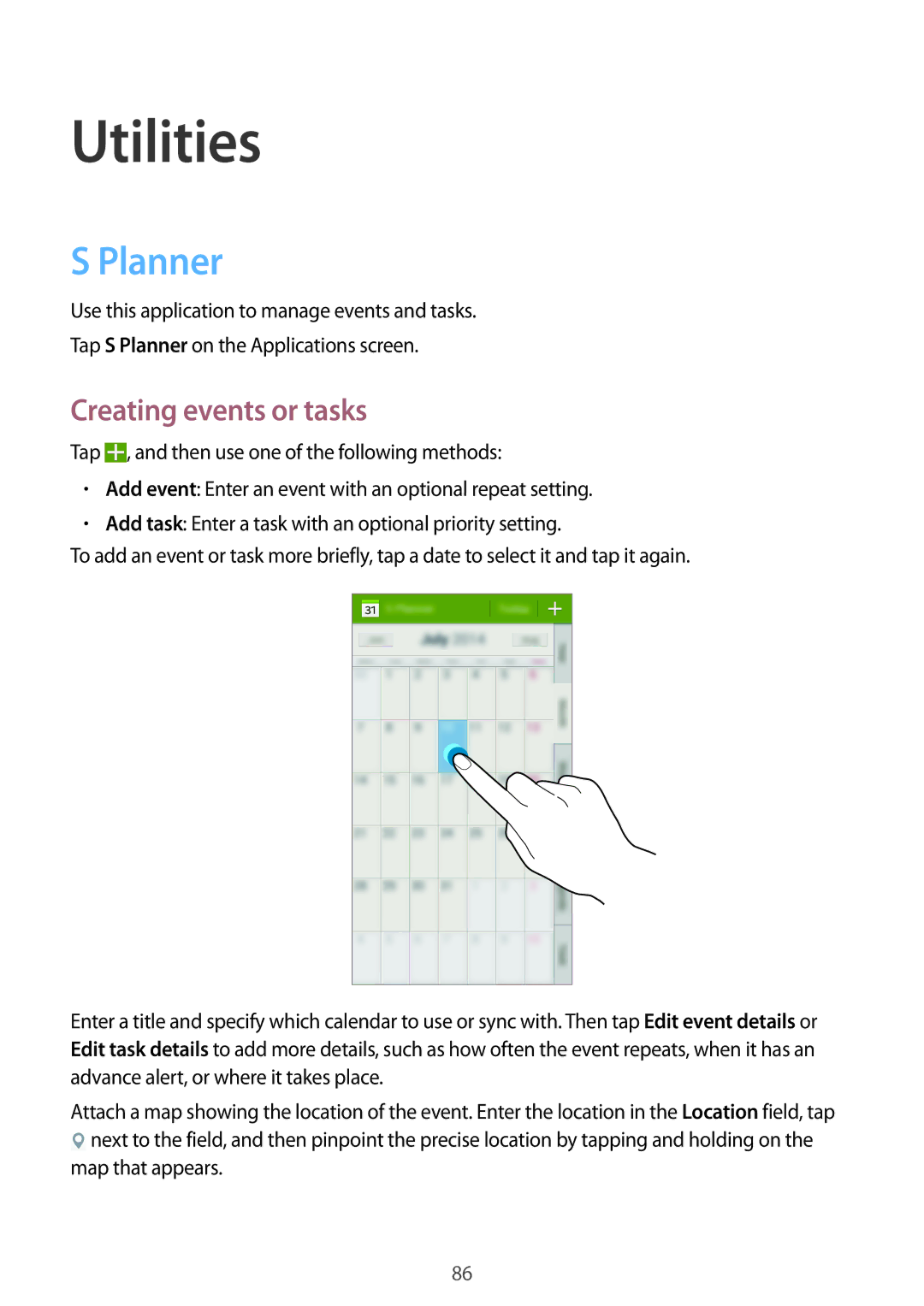 Samsung SM-G7105ZKAATO, SM-G7105ZWAATO, SM-G7105ZKATUR, SM-G7105ZKADBT manual Utilities, Planner, Creating events or tasks 