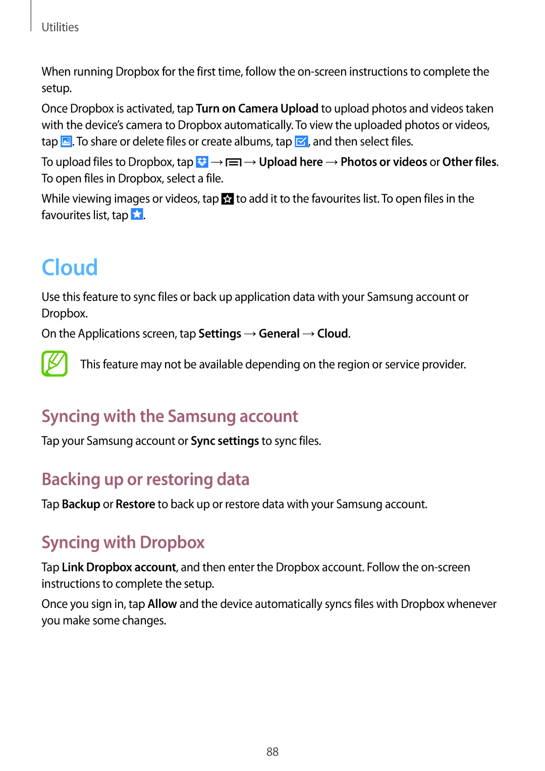 Samsung SM-G7105ZKATUR manual Cloud, Syncing with the Samsung account, Backing up or restoring data, Syncing with Dropbox 