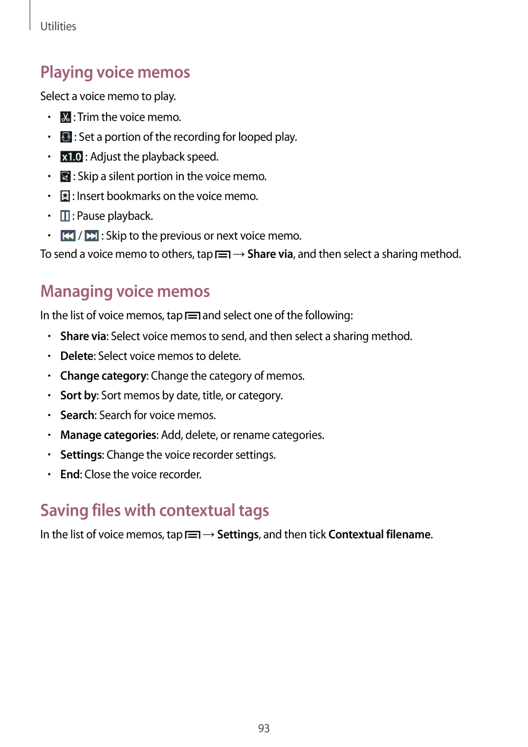 Samsung SM-G7105ZWABOG, SM-G7105ZKAATO manual Playing voice memos, Managing voice memos, Saving files with contextual tags 
