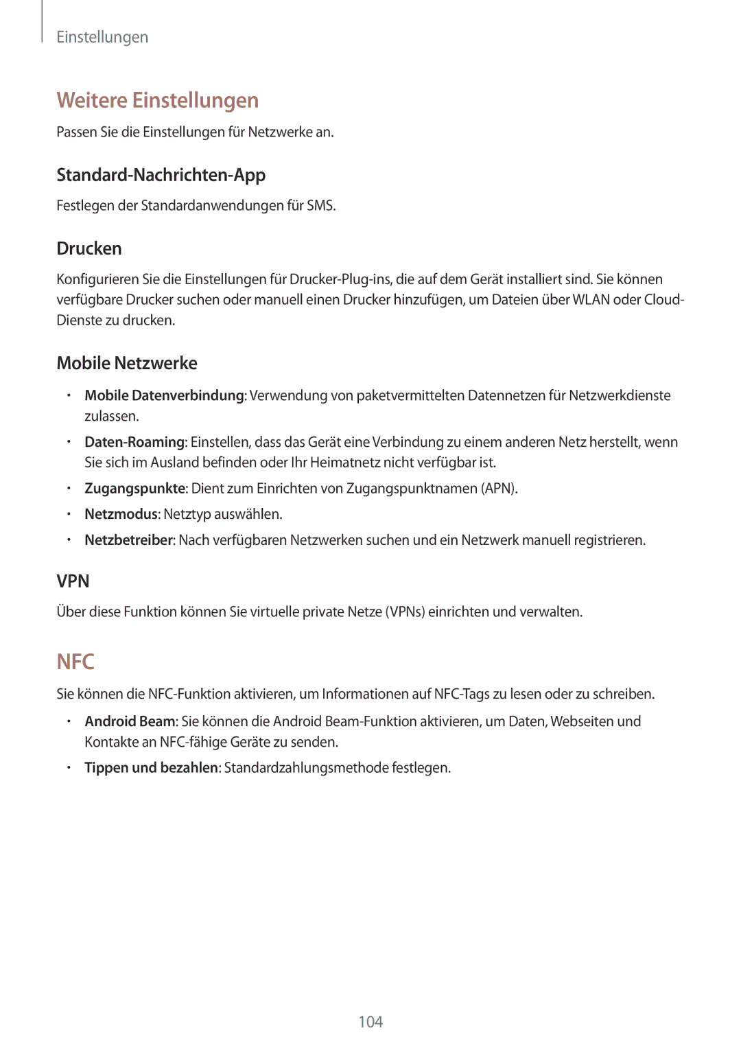 Samsung SM-G7105ZWAEUR, SM-G7105ZKAATO manual Weitere Einstellungen, Standard-Nachrichten-App, Drucken, Mobile Netzwerke 