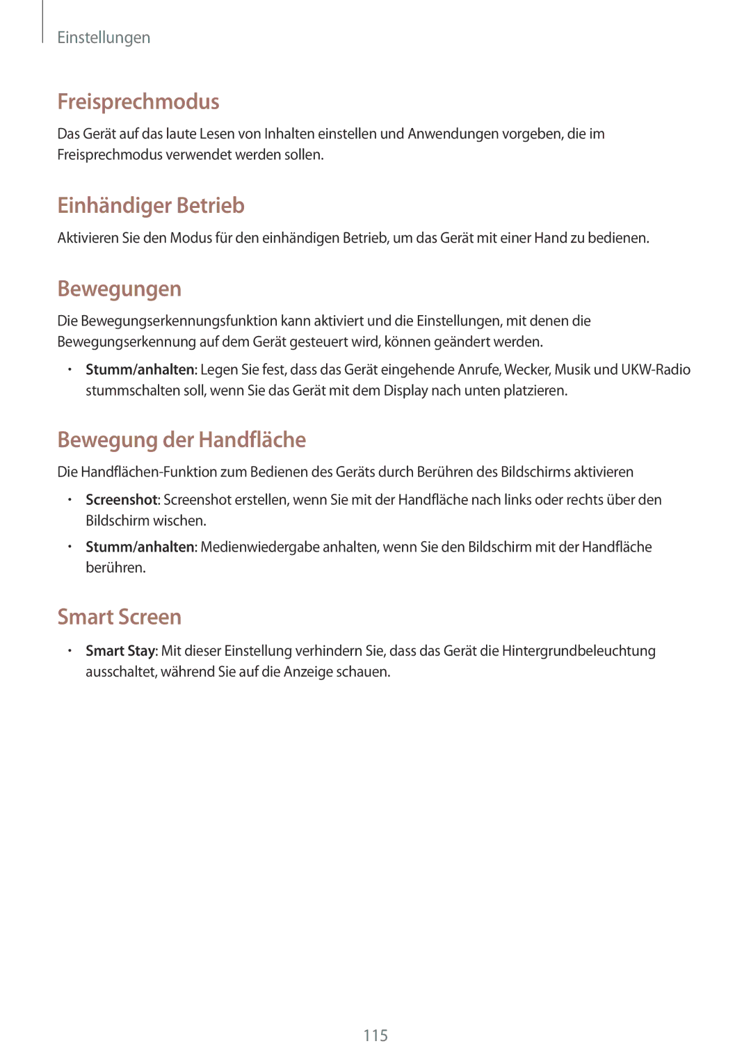 Samsung SM-G7105ZKASFR, SM-G7105ZKAATO manual Einhändiger Betrieb, Bewegungen, Bewegung der Handfläche, Smart Screen 