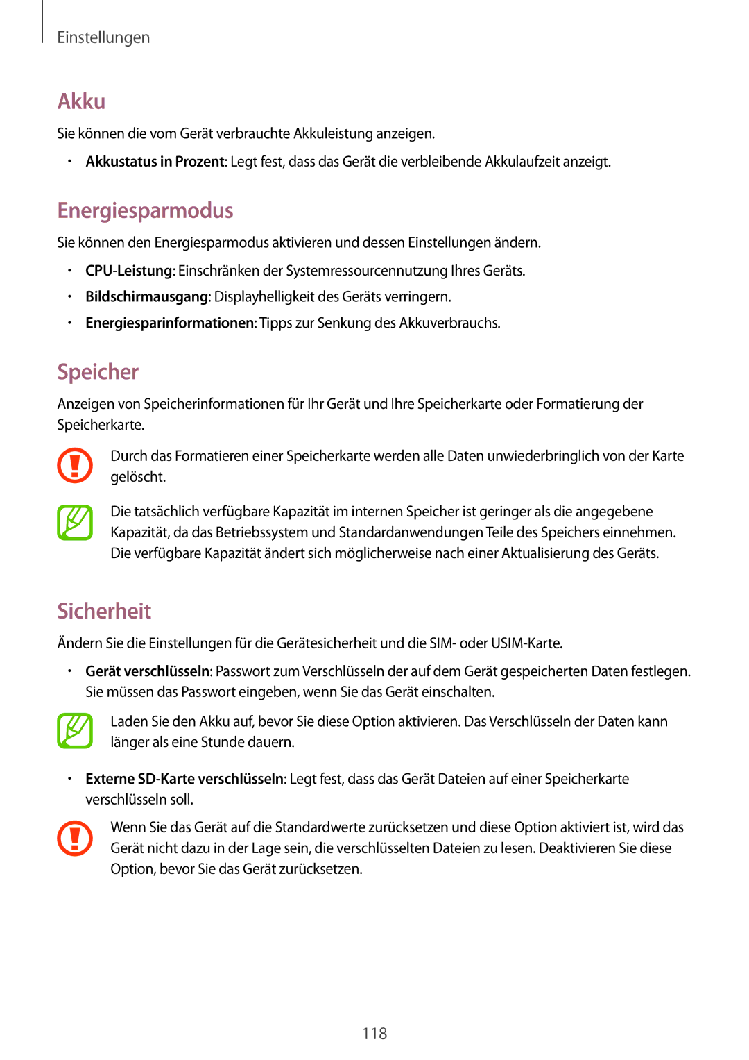 Samsung SM-G7105ZWAATO, SM-G7105ZKAATO, SM-G7105ZKATUR, SM-G7105ZKADBT manual Akku, Energiesparmodus, Speicher, Sicherheit 