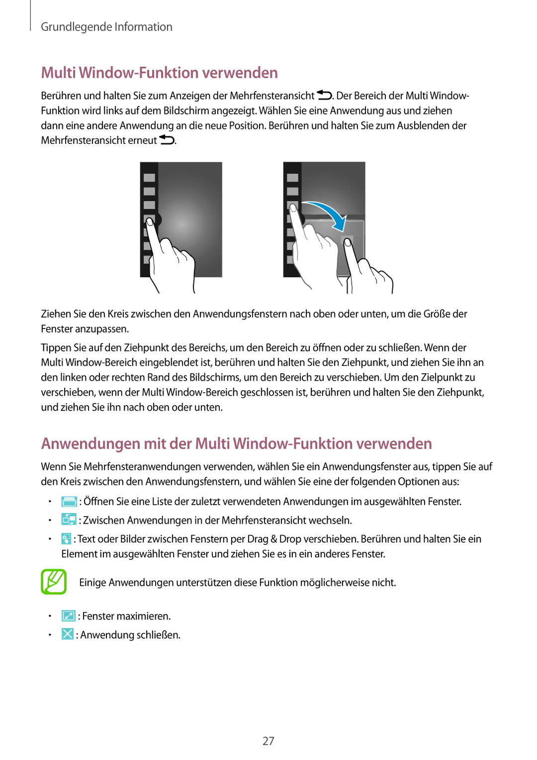 Samsung SM-G7105ZKAATO, SM-G7105ZWAATO, SM-G7105ZKATUR manual Anwendungen mit der Multi Window-Funktion verwenden 