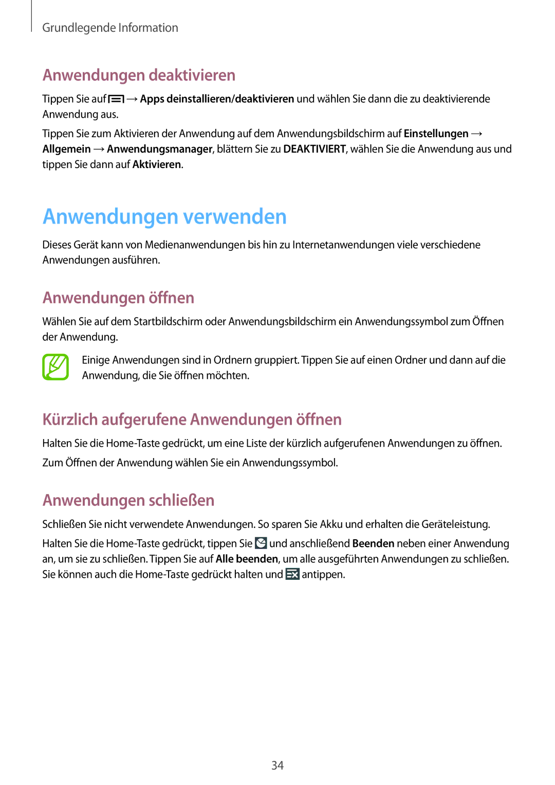 Samsung SM-G7105ZKASFR manual Anwendungen verwenden, Anwendungen deaktivieren, Anwendungen öffnen, Anwendungen schließen 
