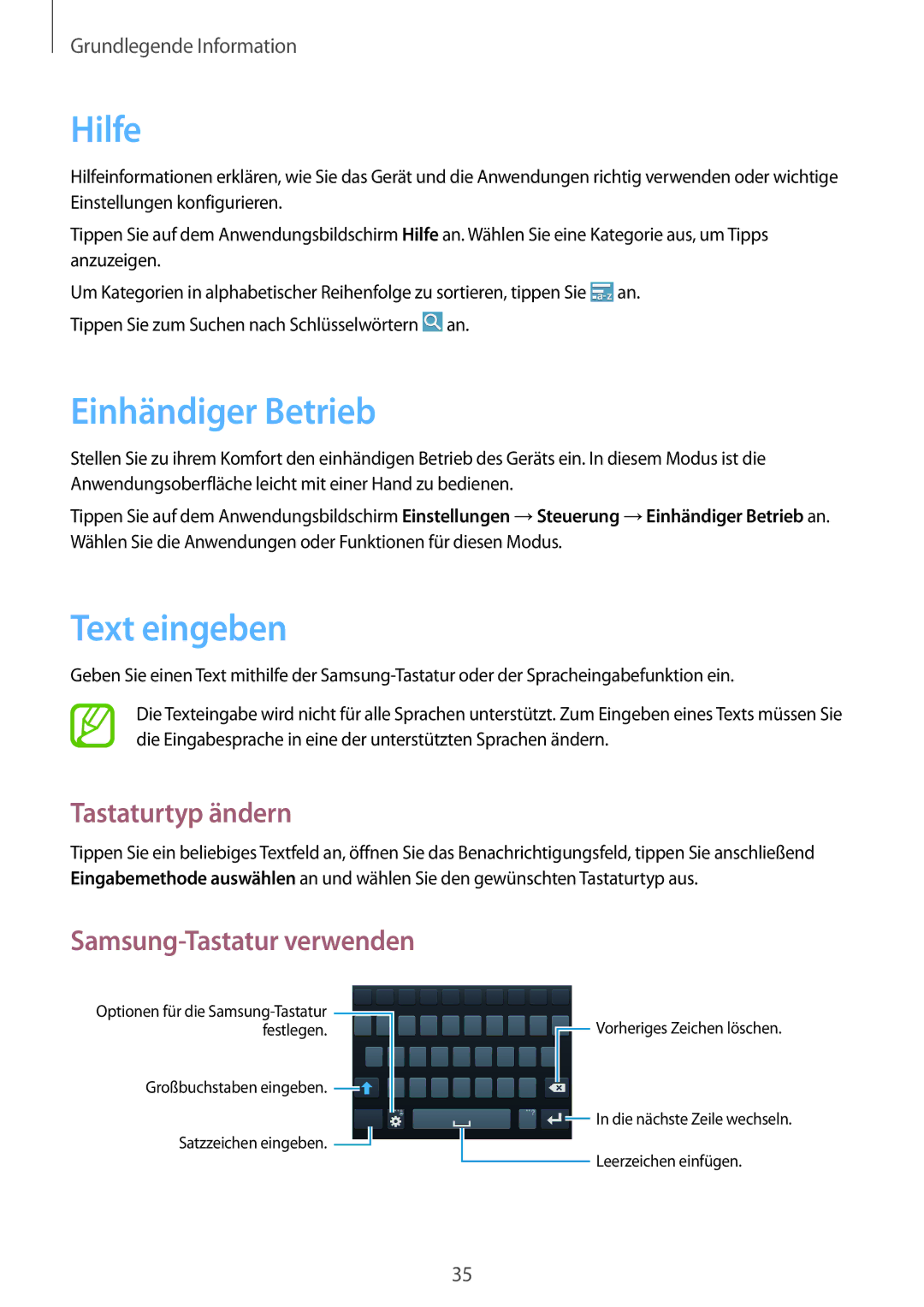 Samsung SM-G7105ZWASFR, SM-G7105ZKAATO, SM-G7105ZWAATO manual Hilfe, Einhändiger Betrieb, Text eingeben, Tastaturtyp ändern 