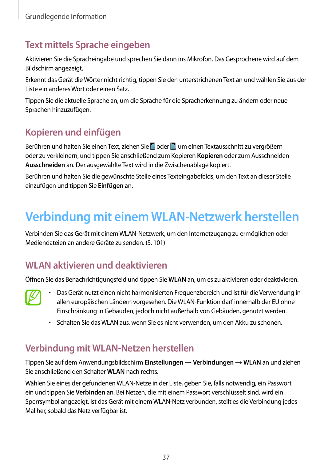 Samsung SM-G7105ZWAATO manual Text mittels Sprache eingeben, Kopieren und einfügen, Wlan aktivieren und deaktivieren 