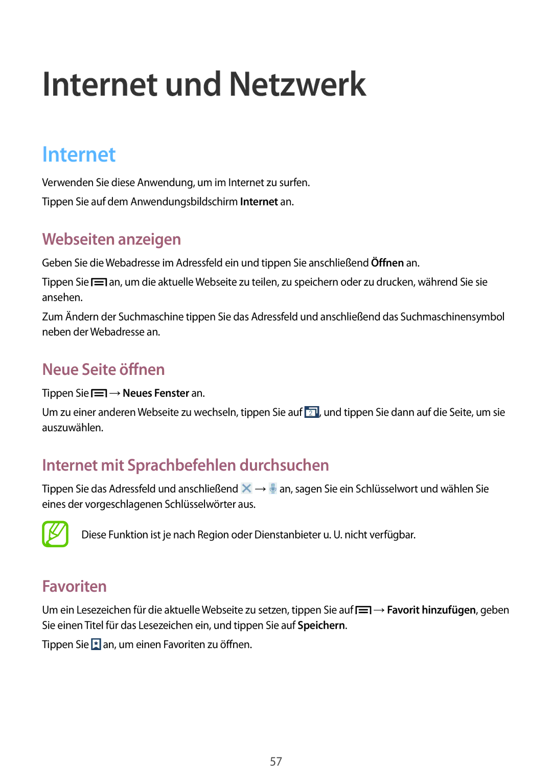 Samsung SM-G7105ZKADBT manual Webseiten anzeigen, Neue Seite öffnen, Internet mit Sprachbefehlen durchsuchen, Favoriten 