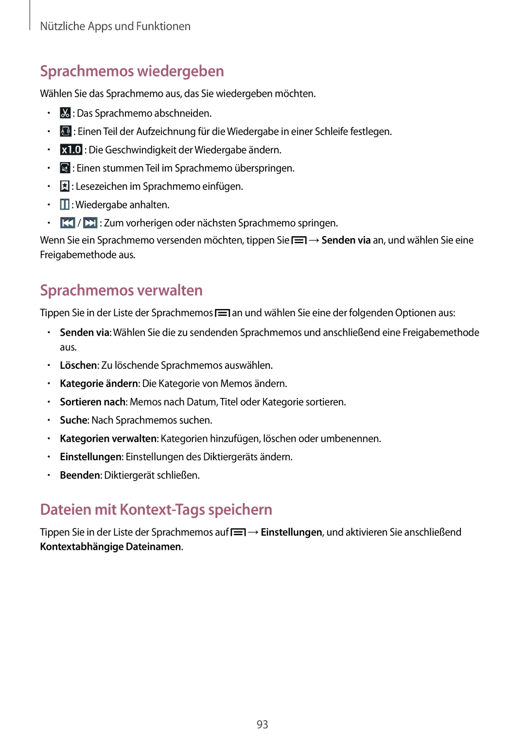 Samsung SM-G7105ZKADBT, SM-G7105ZKAATO Sprachmemos wiedergeben, Sprachmemos verwalten, Dateien mit Kontext-Tags speichern 