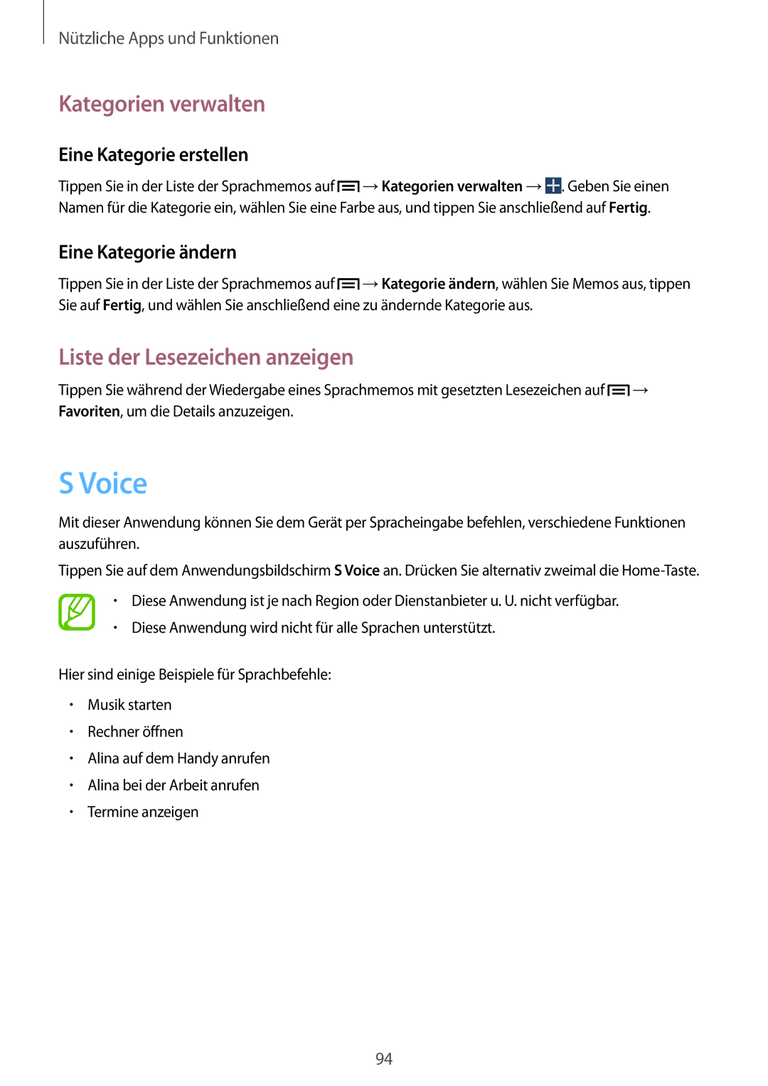 Samsung SM-G7105ZWATUR manual Voice, Kategorien verwalten, Liste der Lesezeichen anzeigen, Eine Kategorie erstellen 