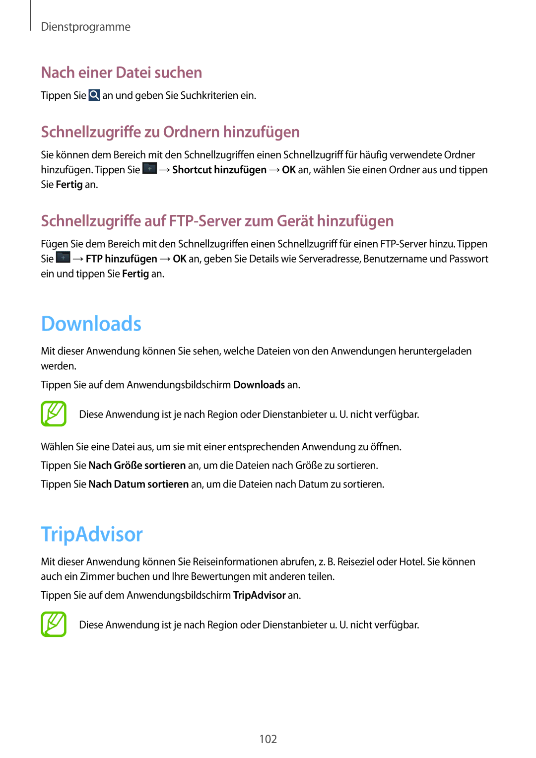 Samsung SM-G7105ZKADBT manual Downloads, TripAdvisor, Nach einer Datei suchen, Schnellzugriffe zu Ordnern hinzufügen 