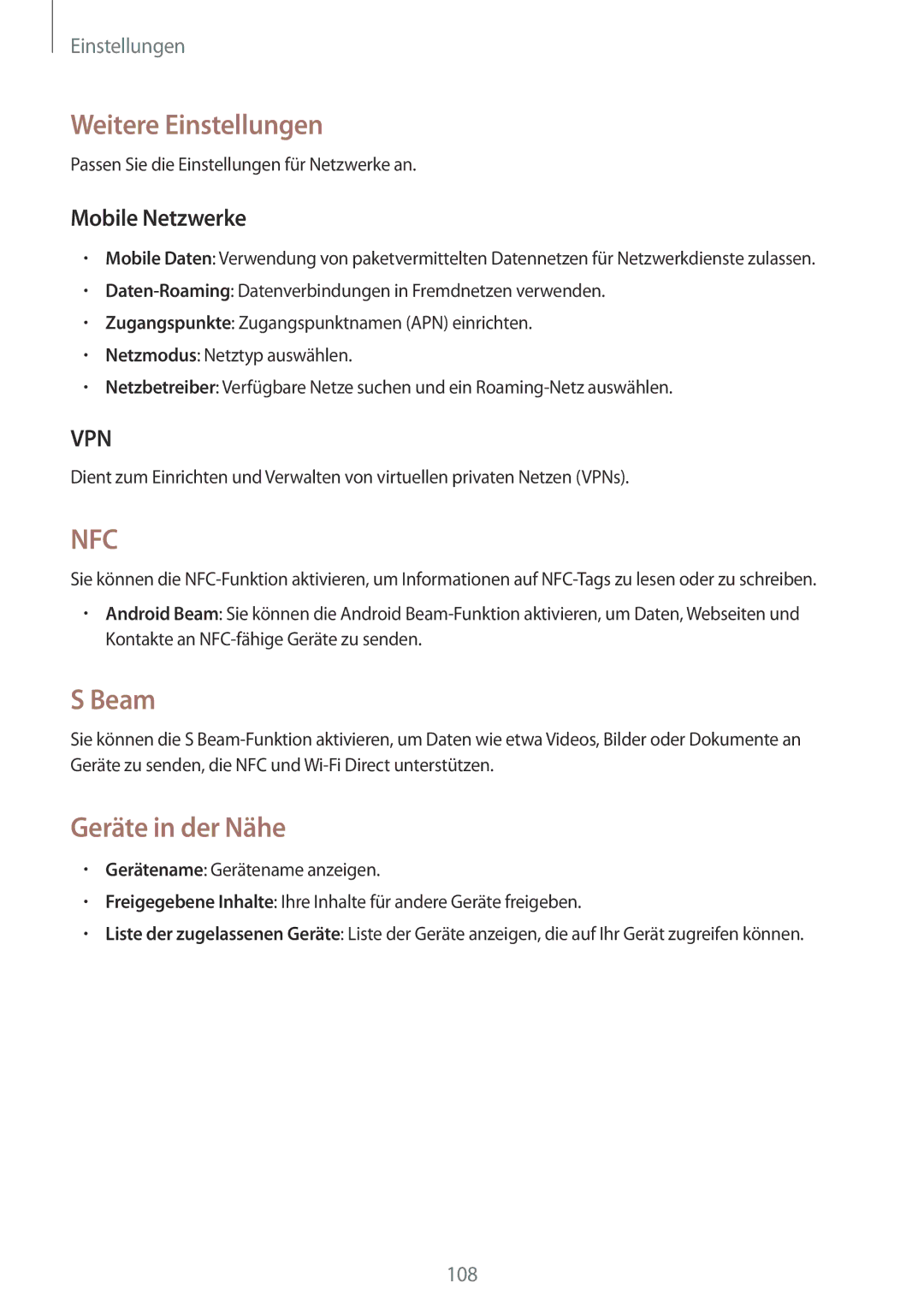 Samsung SM-G7105ZKAATO, SM-G7105ZWAATO, SM-G7105ZKATUR Weitere Einstellungen, Beam, Geräte in der Nähe, Mobile Netzwerke 