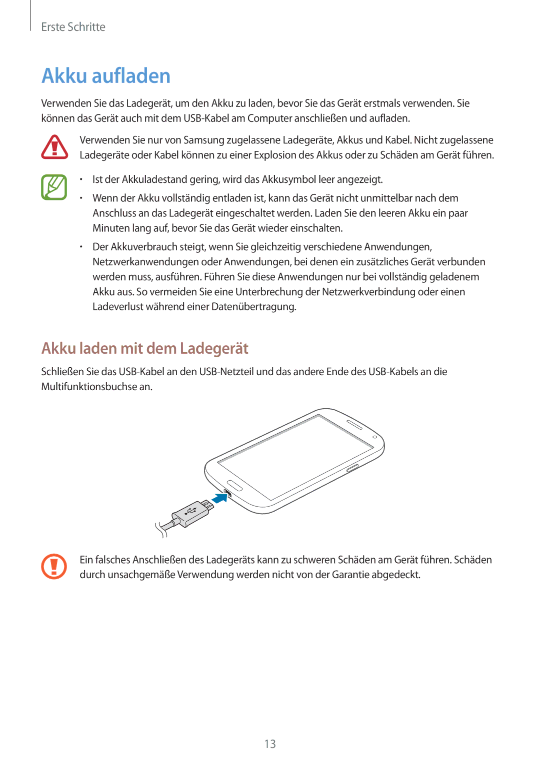 Samsung SM-G7105ZWATUR, SM-G7105ZKAATO, SM-G7105ZWAATO, SM-G7105ZKATUR manual Akku aufladen, Akku laden mit dem Ladegerät 