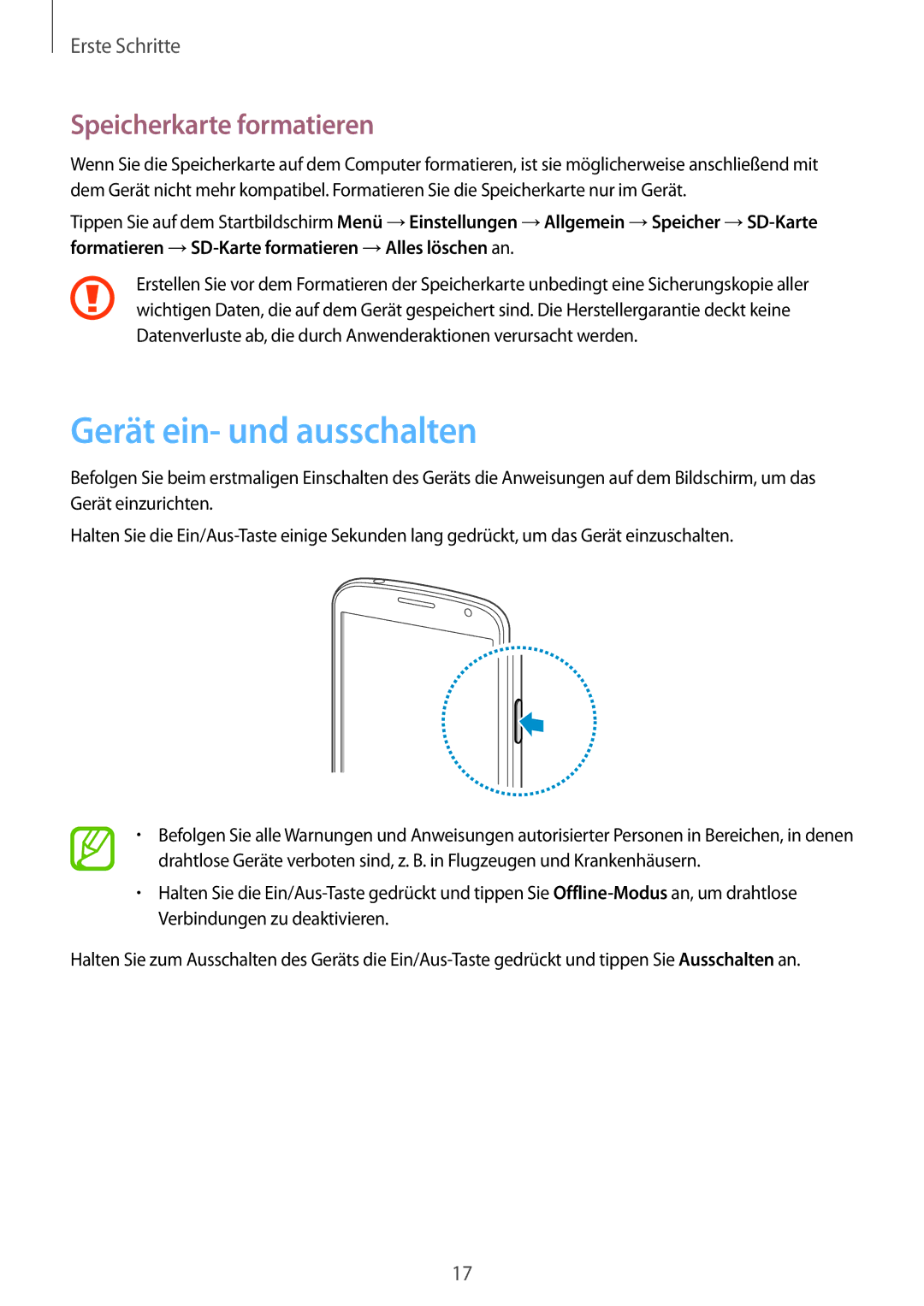 Samsung SM-G7105ZWASFR, SM-G7105ZKAATO, SM-G7105ZWAATO, SM-G7105ZKATUR Gerät ein- und ausschalten, Speicherkarte formatieren 