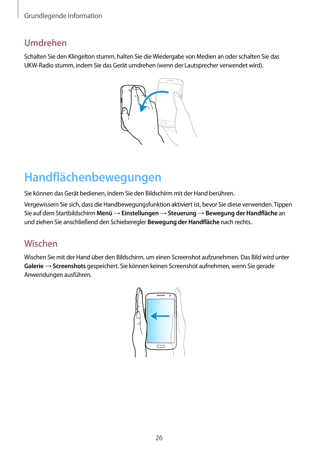 Samsung SM-G7105ZWASFR, SM-G7105ZKAATO, SM-G7105ZWAATO, SM-G7105ZKATUR manual Handflächenbewegungen, Umdrehen, Wischen 