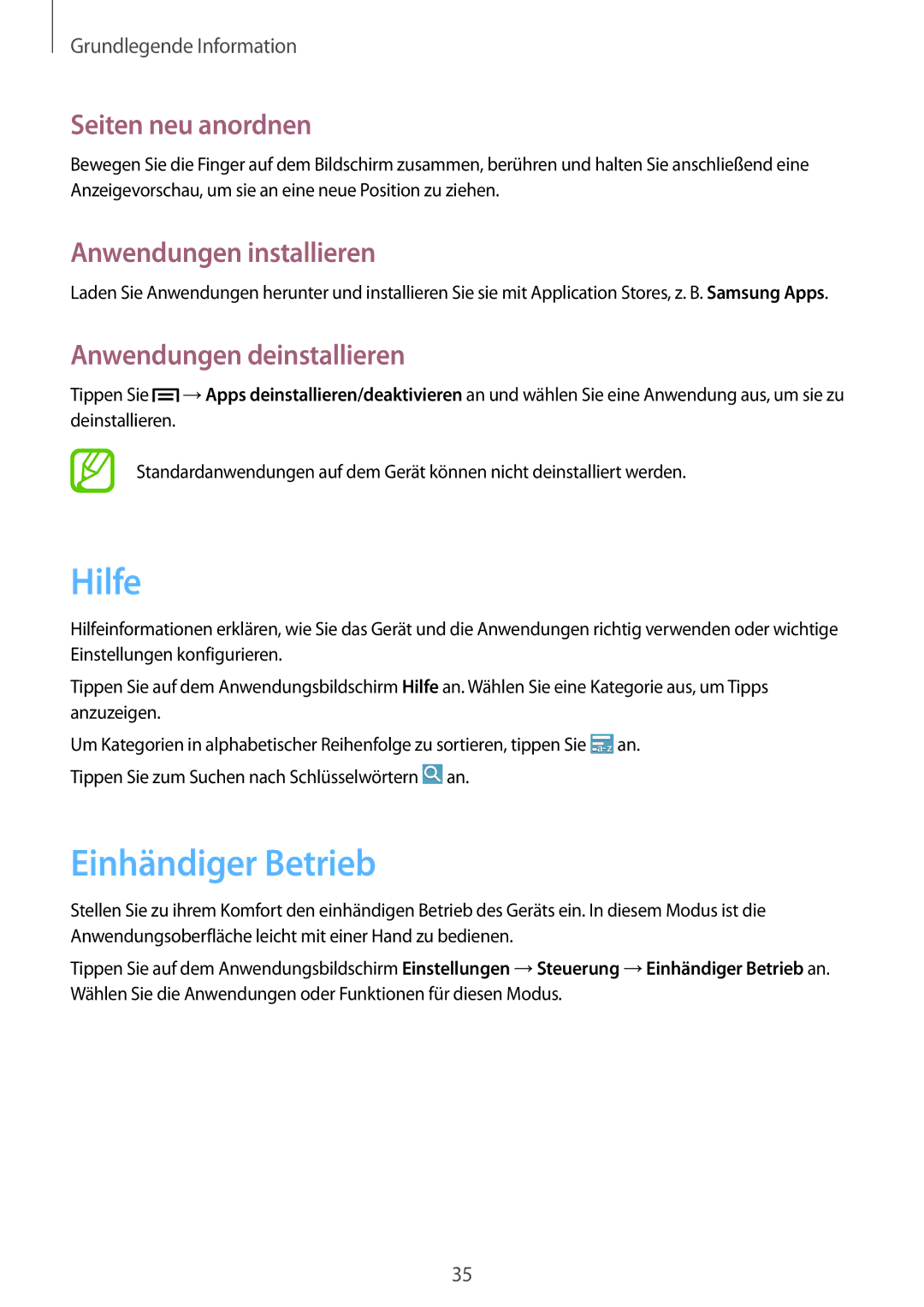 Samsung SM-G7105ZWASFR, SM-G7105ZKAATO Hilfe, Einhändiger Betrieb, Anwendungen installieren, Anwendungen deinstallieren 