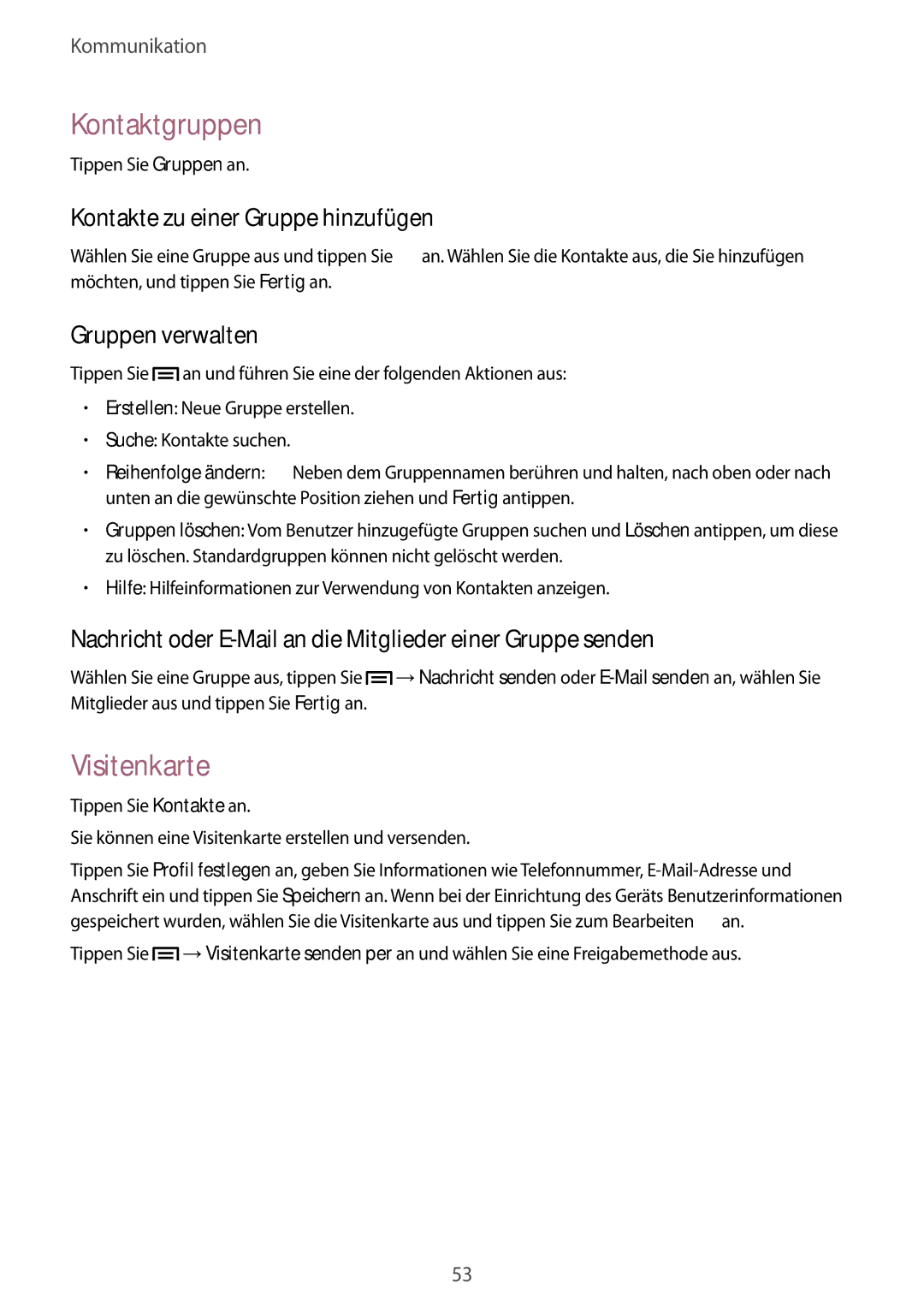 Samsung SM-G7105ZWASFR manual Kontaktgruppen, Visitenkarte, Kontakte zu einer Gruppe hinzufügen, Gruppen verwalten 