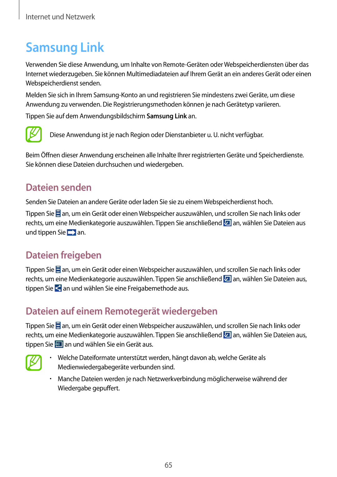 Samsung SM-G7105ZKATUR manual Samsung Link, Dateien senden, Dateien freigeben, Dateien auf einem Remotegerät wiedergeben 