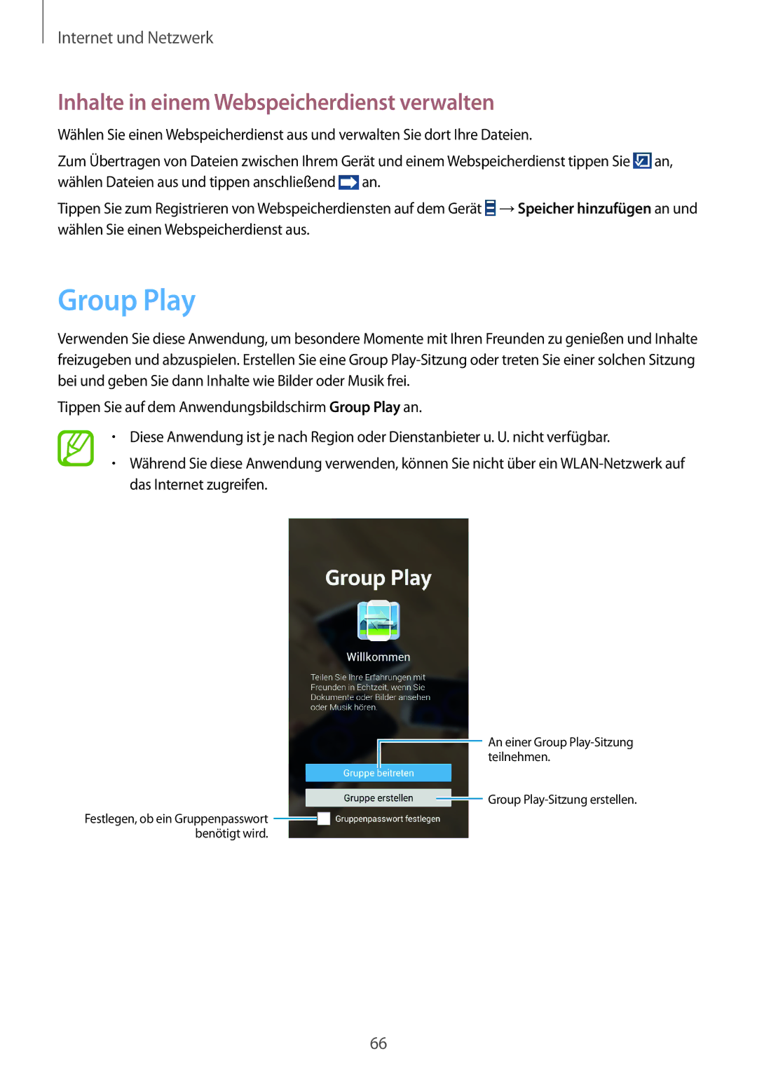 Samsung SM-G7105ZKADBT, SM-G7105ZKAATO, SM-G7105ZWAATO manual Group Play, Inhalte in einem Webspeicherdienst verwalten 