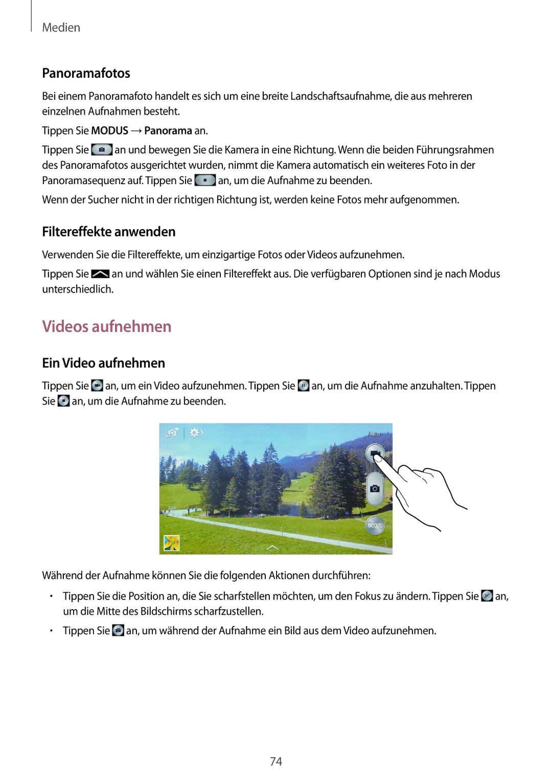 Samsung SM-G7105ZKATUR, SM-G7105ZKAATO manual Videos aufnehmen, Panoramafotos, Filtereffekte anwenden, Ein Video aufnehmen 