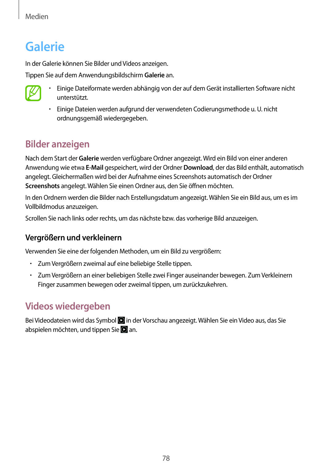 Samsung SM-G7105ZKAPLS, SM-G7105ZKAATO manual Galerie, Bilder anzeigen, Videos wiedergeben, Vergrößern und verkleinern 