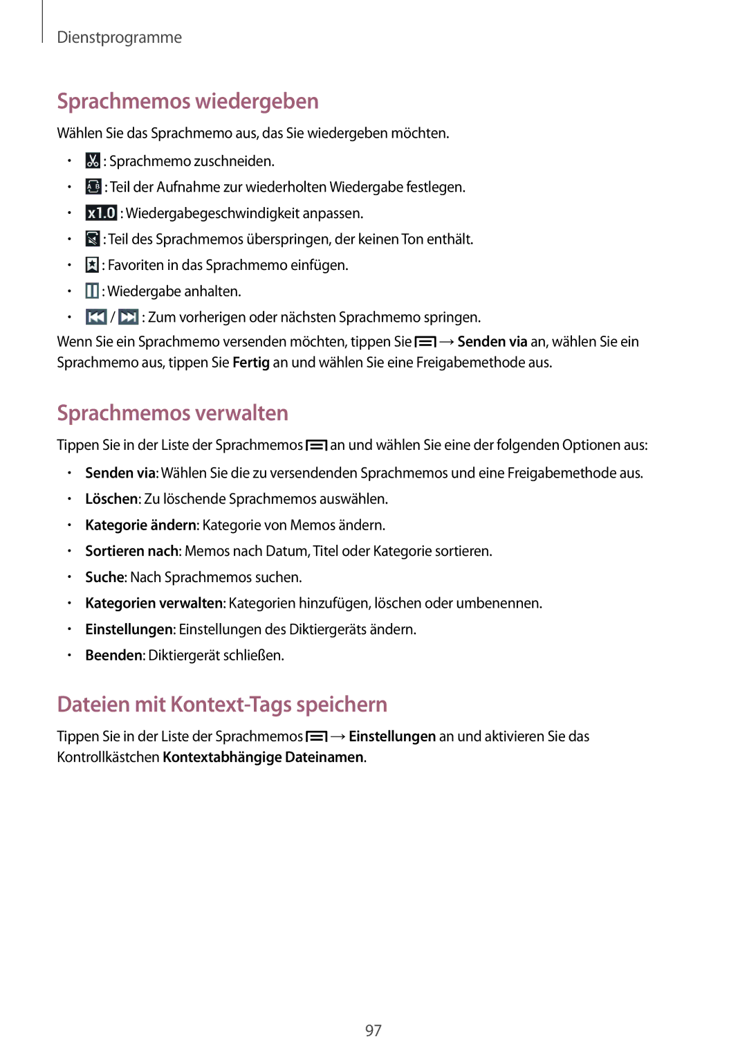 Samsung SM-G7105ZKASFR, SM-G7105ZKAATO Sprachmemos wiedergeben, Sprachmemos verwalten, Dateien mit Kontext-Tags speichern 