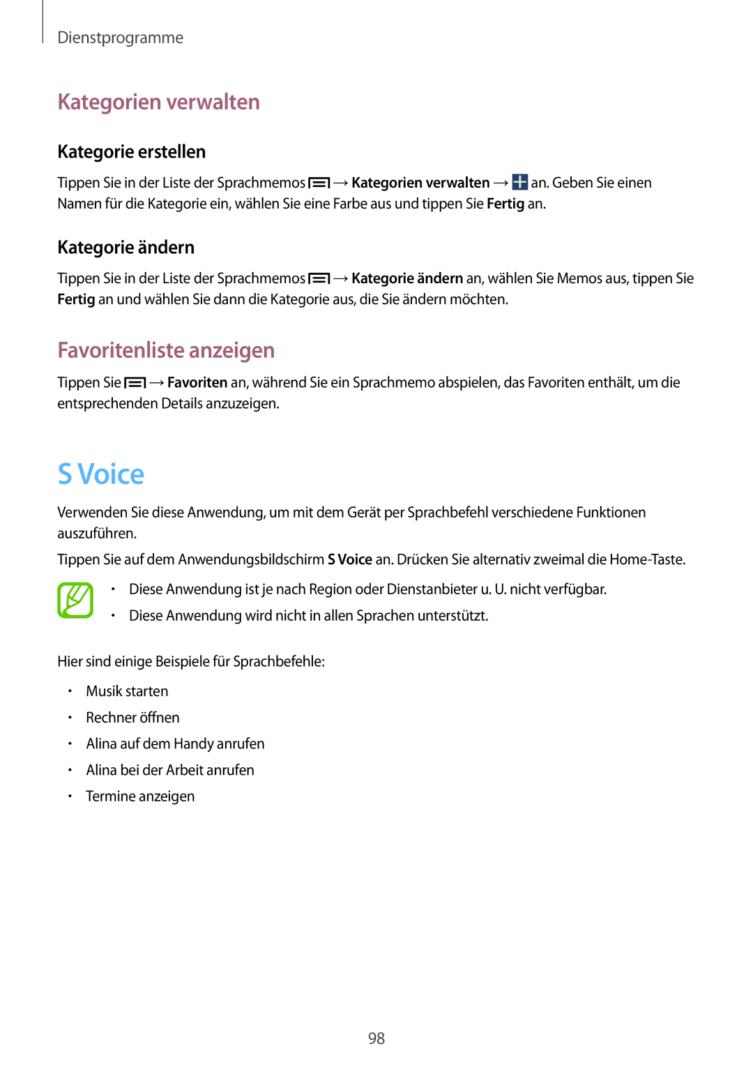 Samsung SM-G7105ZWASFR manual Voice, Kategorien verwalten, Favoritenliste anzeigen, Kategorie erstellen, Kategorie ändern 