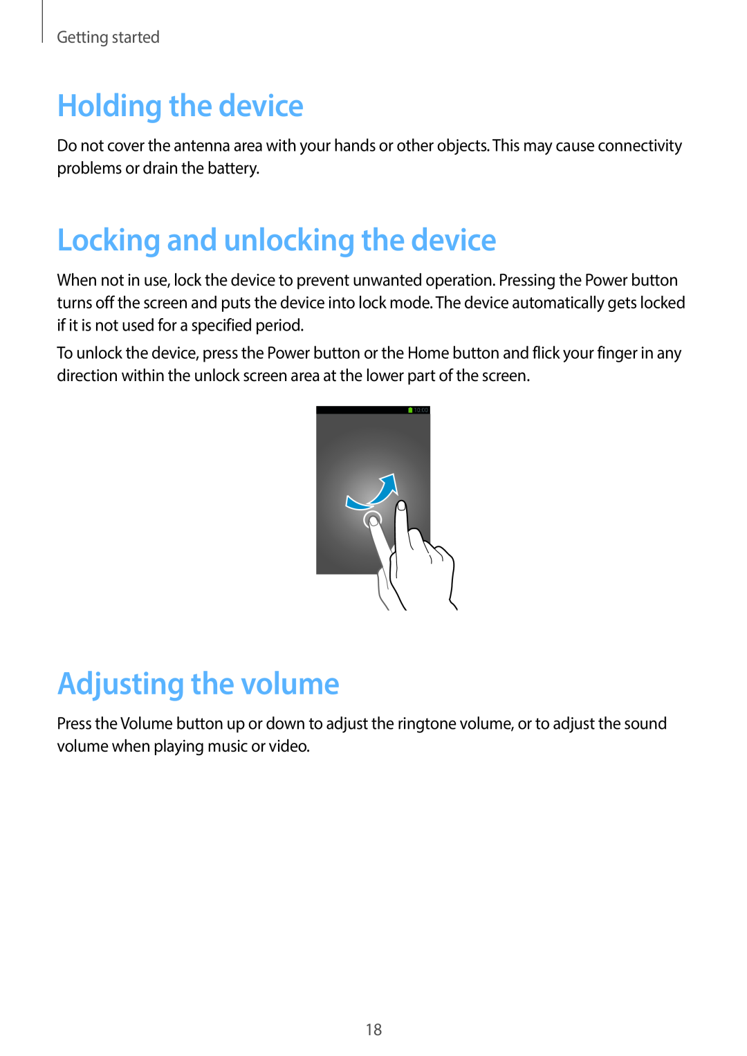 Samsung SM-G7105ZKAAMO manual Holding the device, Locking and unlocking the device, Adjusting the volume, Getting started 